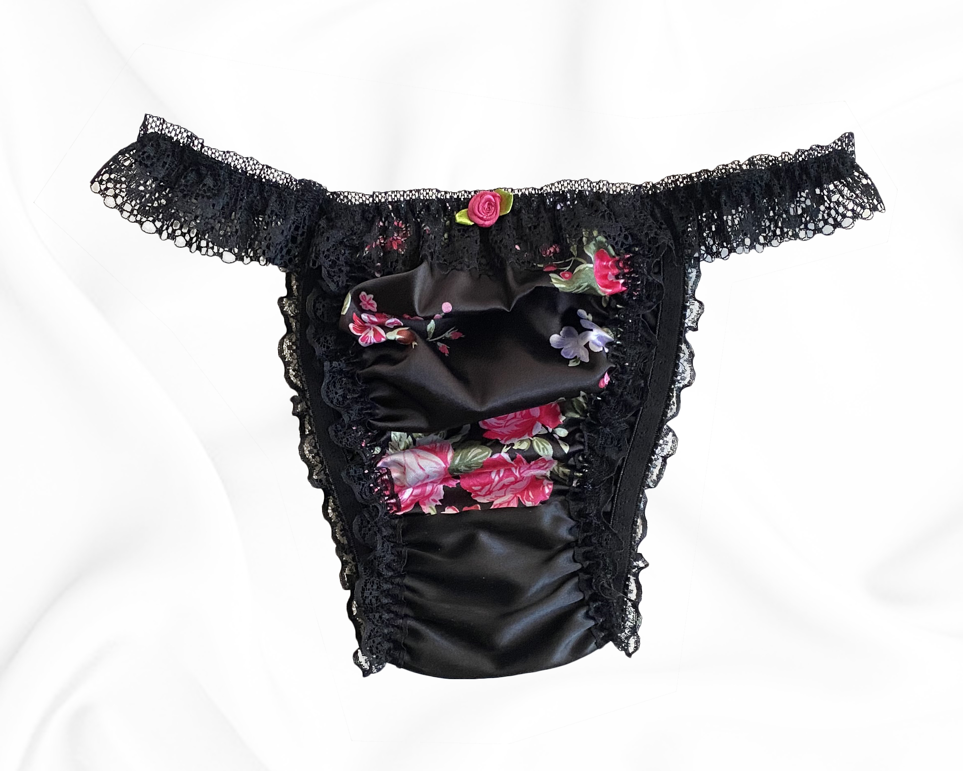 Schwarz Satin Blumenmuster Seidig Sissy Rüschen Spitze Bikini Tanga