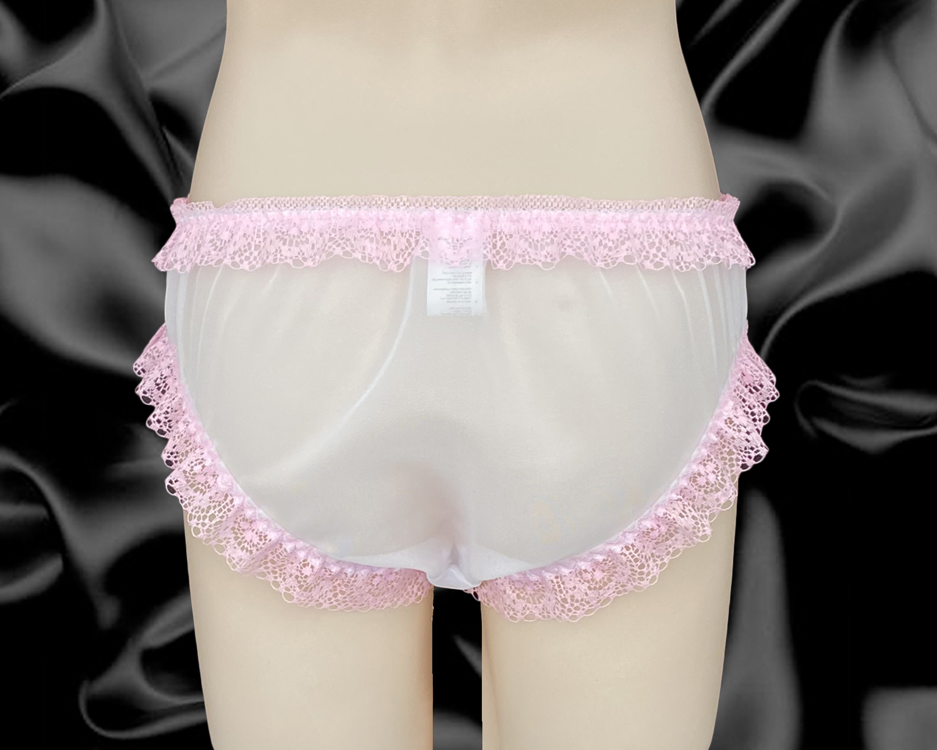 White Sissy Sheer Nylon Frilly Lace Satin Bow Briefs Panties Knickers