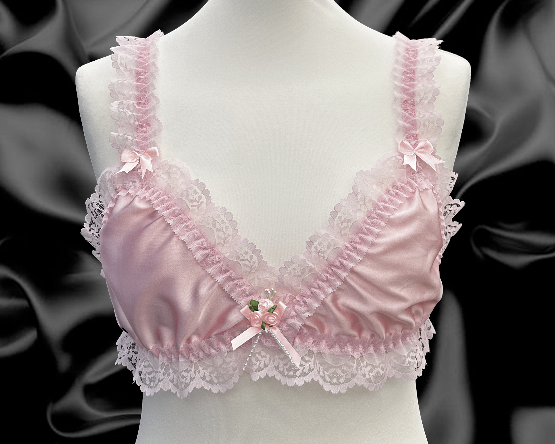 Satini Sissy Frilly Lace Fitted Satin Bralette (Baby Pink - Red