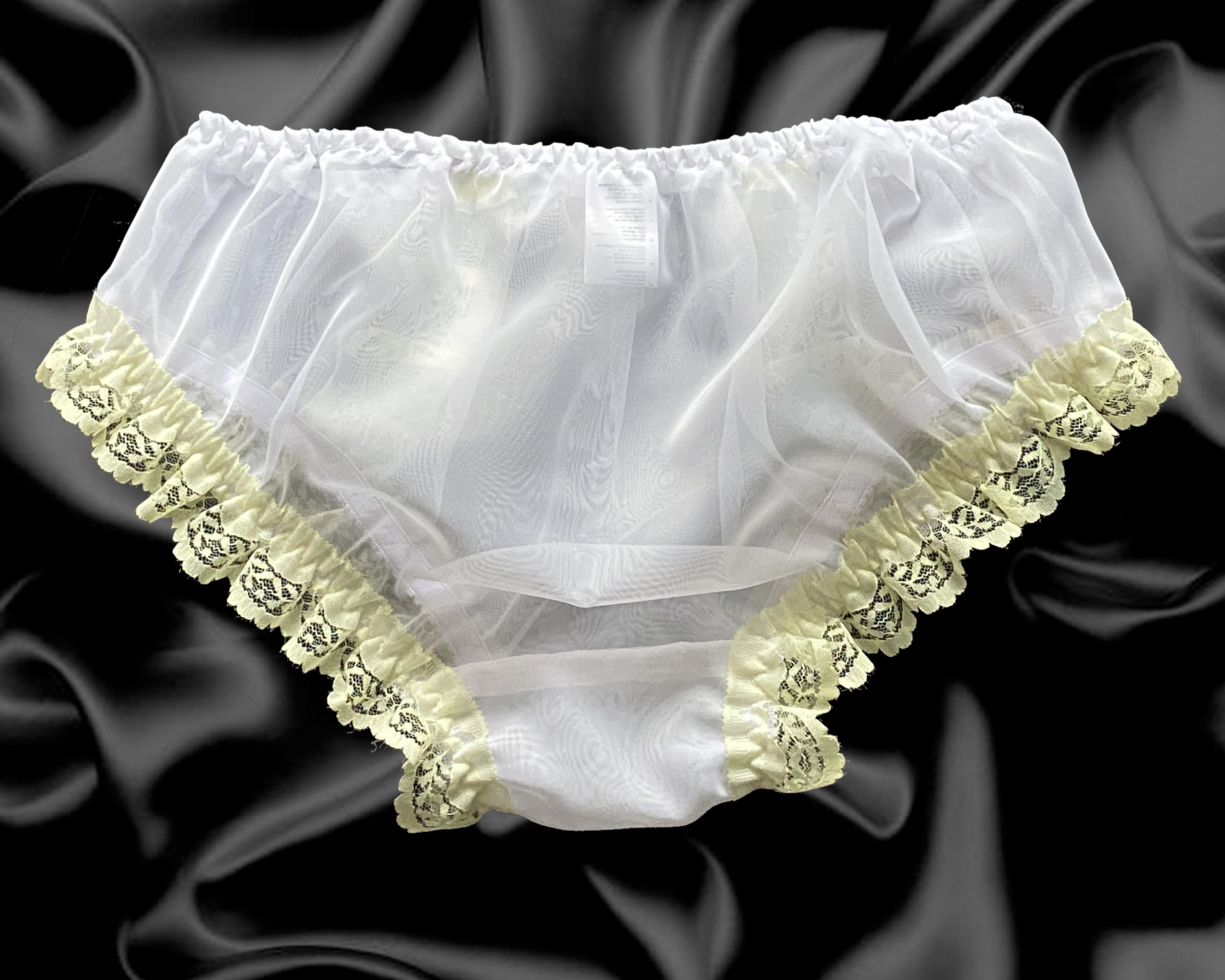 White Frilly Lace Sissy Sheer Soft Nylon Satin Bow Panties