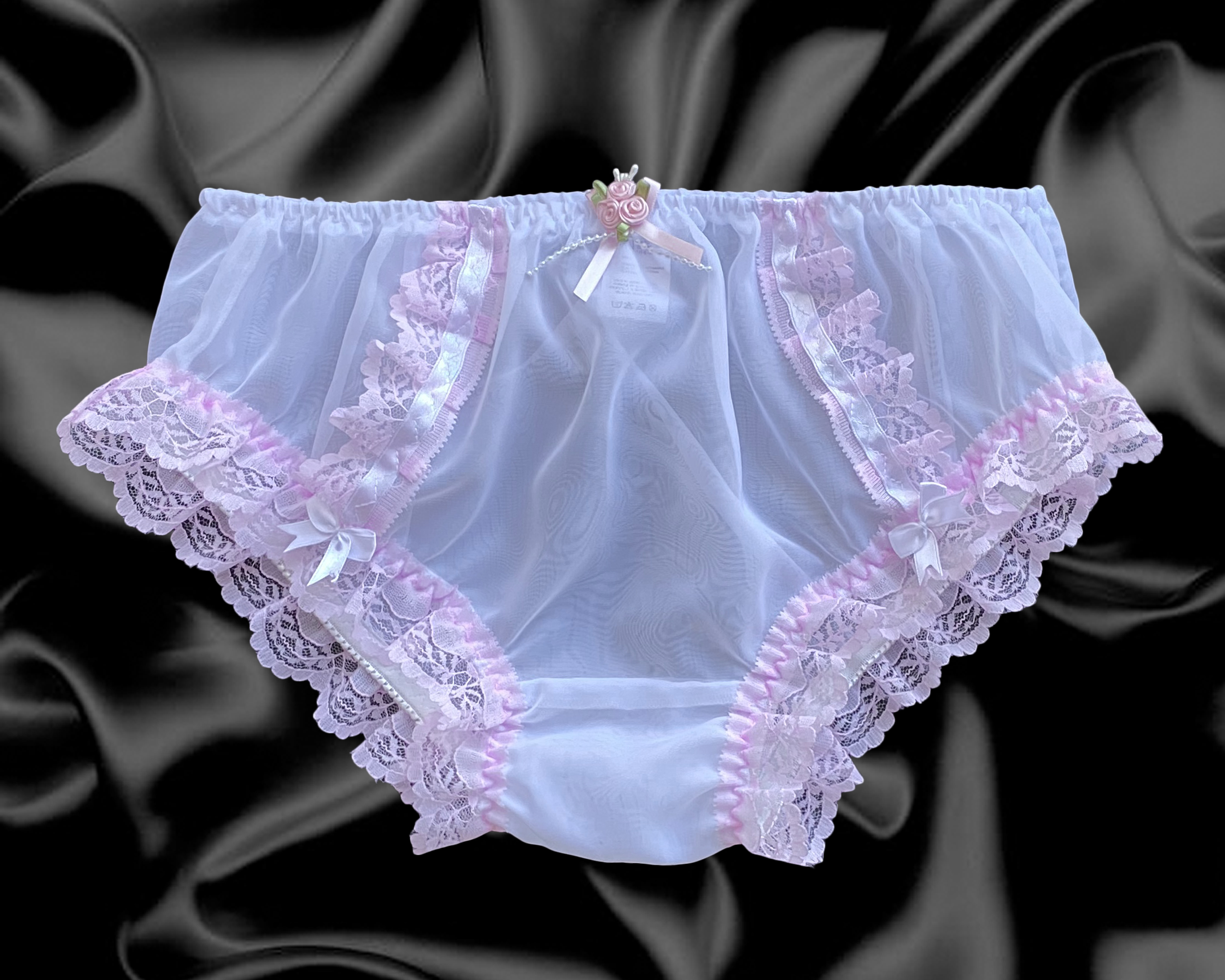 THONG WHITE UK SIZES 8 & 12 FRILLY SOFT MESH SATIN BOW STRETCHY KNICKERS BNWT