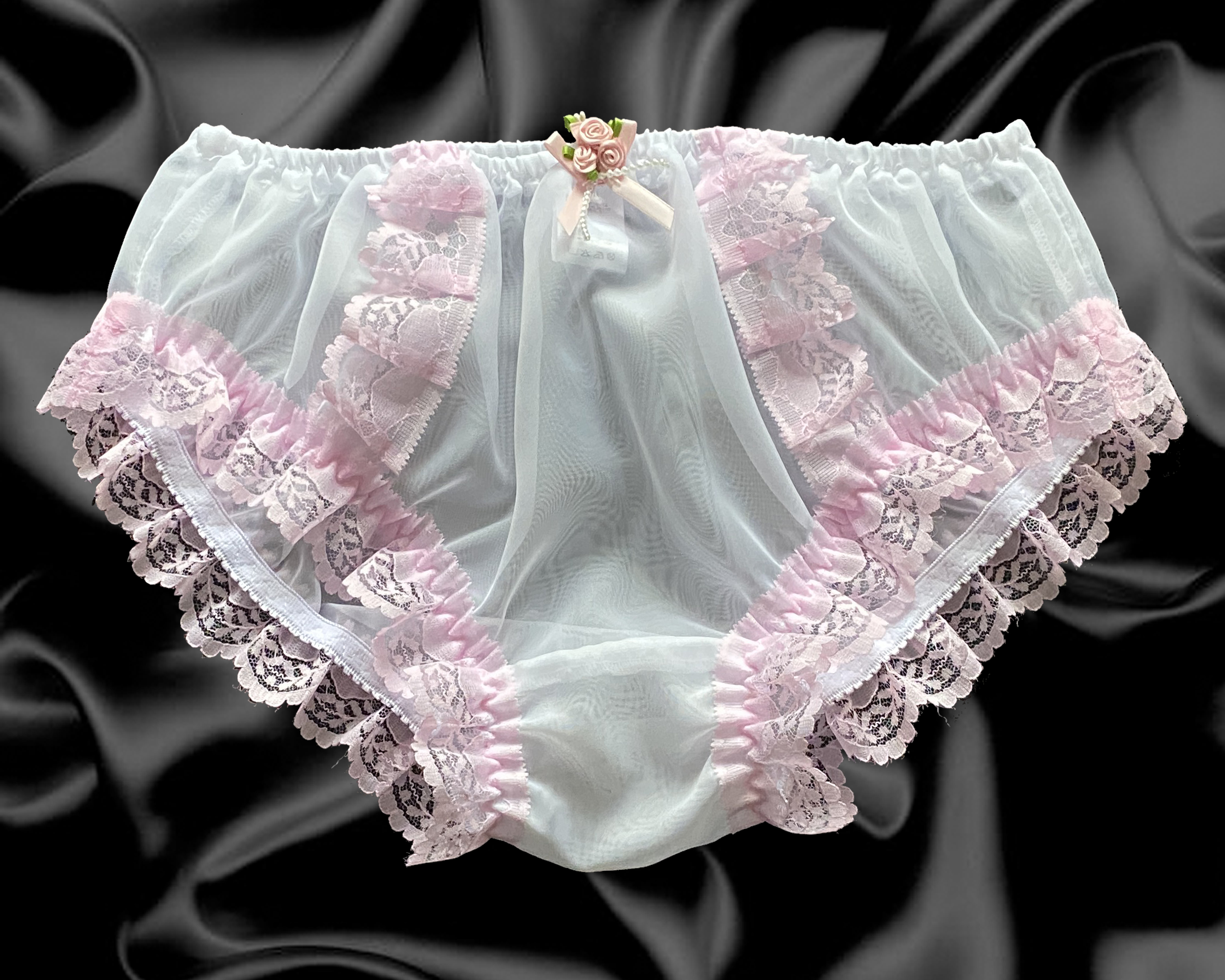 White Frilly Lace Sissy Sheer Soft Nylon Satin Bow Panties Knickers Size  10-20