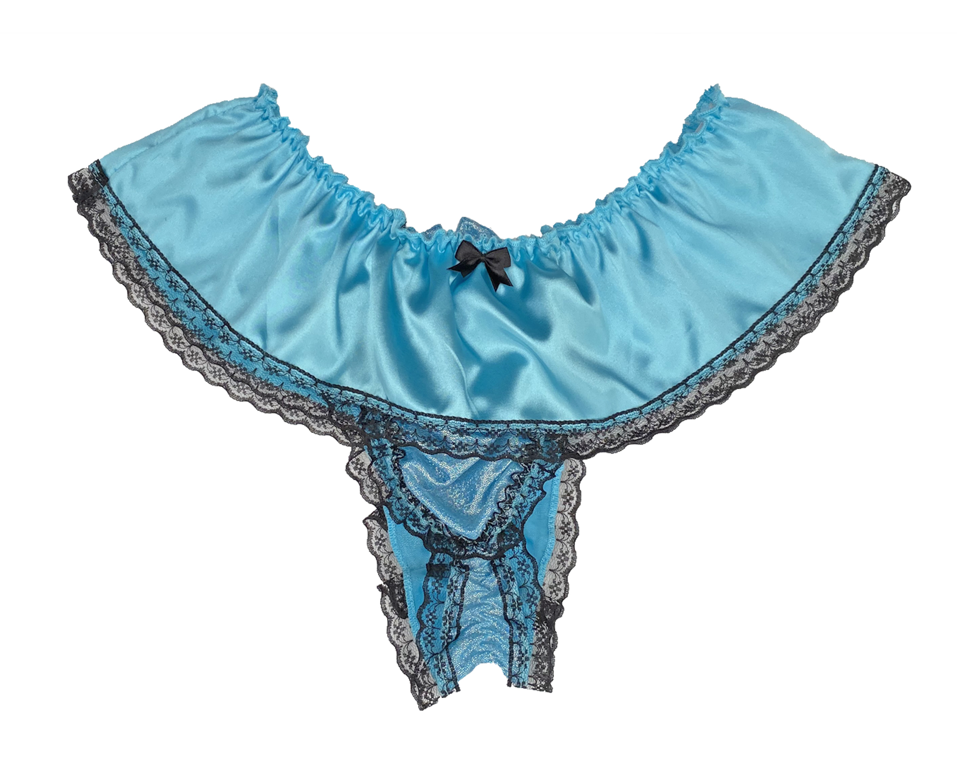 Aqua Blue Sissy Satin Frilly Naughty Pantie For Men Demi Thong