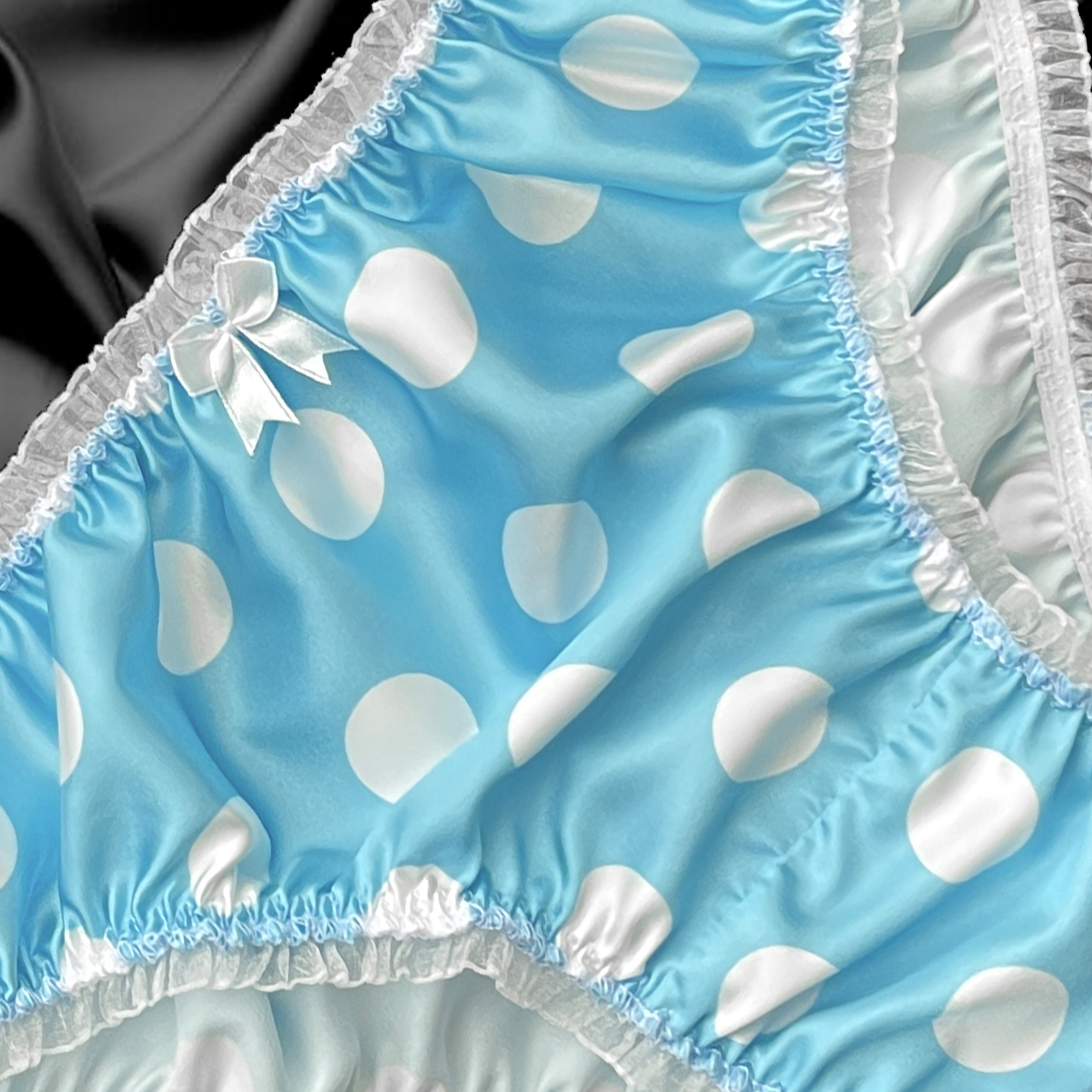 thumbnail image 2 of Satini Aqua Blue Satin Frilly Lace Sissy Full Cut Panties - Mid Rise, Sizes 10-20 2 of 4
