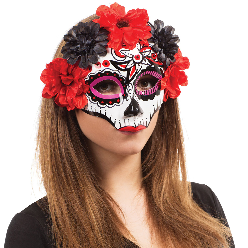 Day of the Dead Mask – Halloween Womens Red Black Fancy Dress Eye Sugar Skull BN - Picture 1 of 1