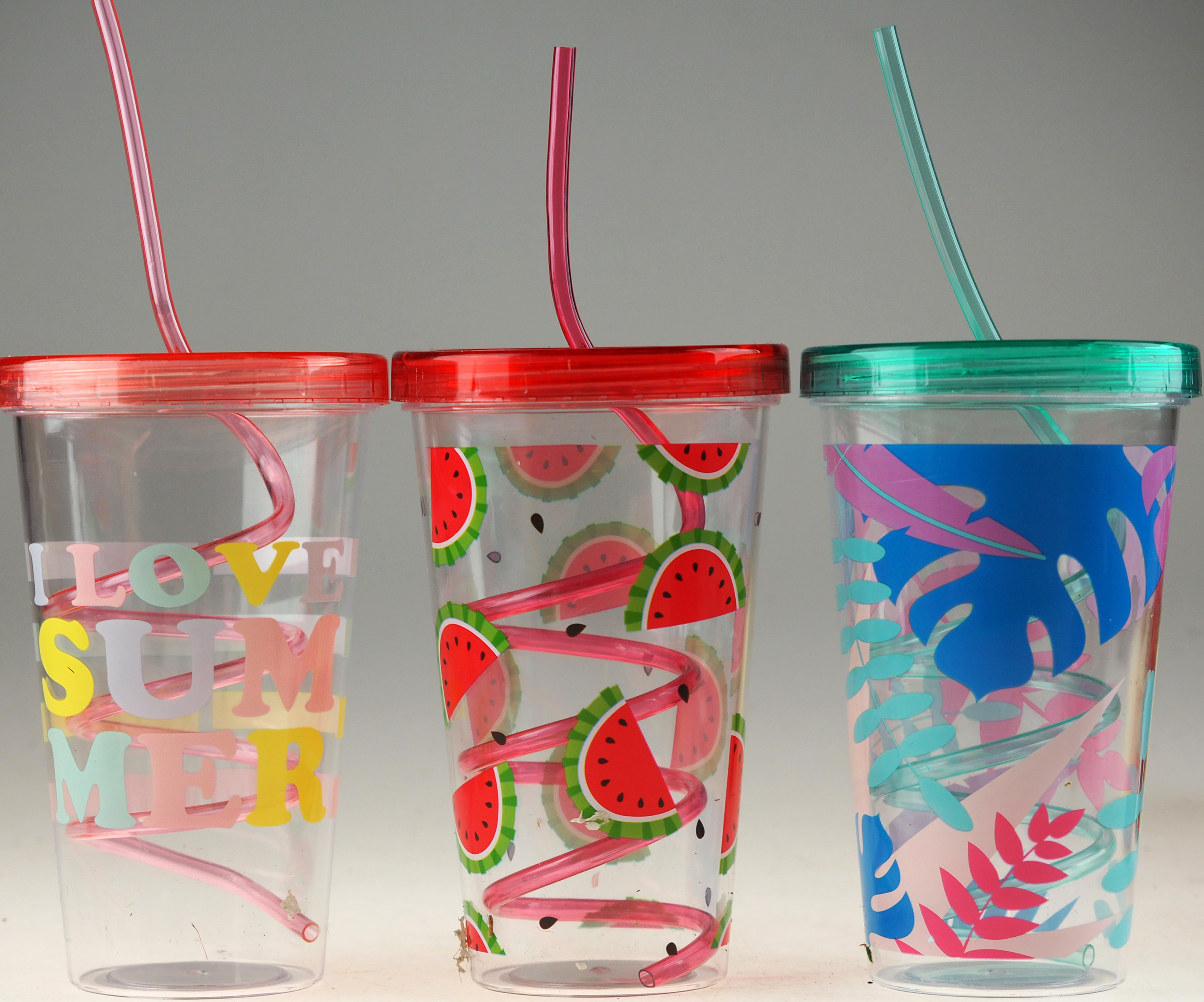 Download 3 Plastic Transparent Drinking Tumbler Cups With Spiral Straw Watermelon Palm Ebay