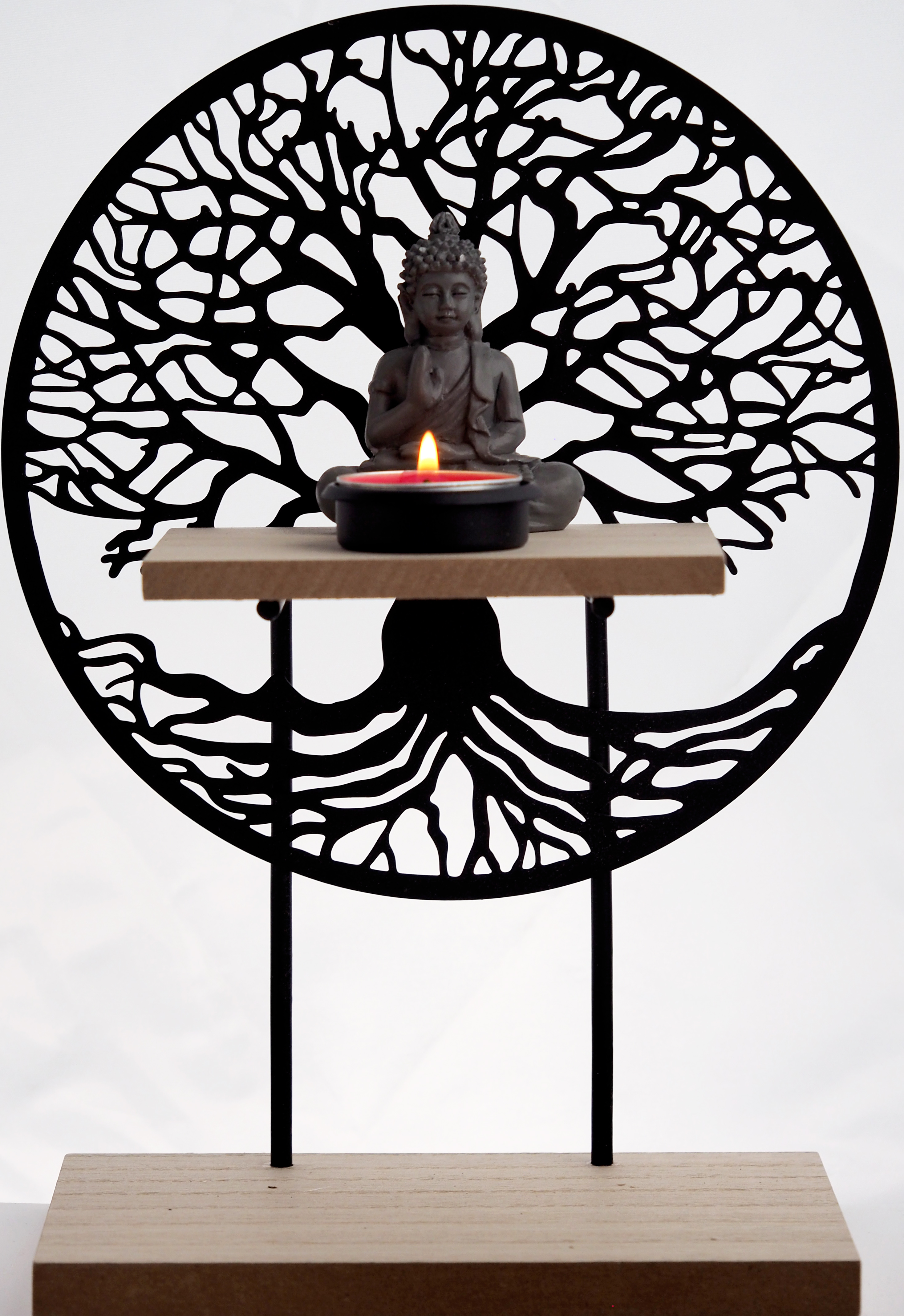Tree of Life Standing Sculpture With Thai Buddha Tea Light Candle Holder