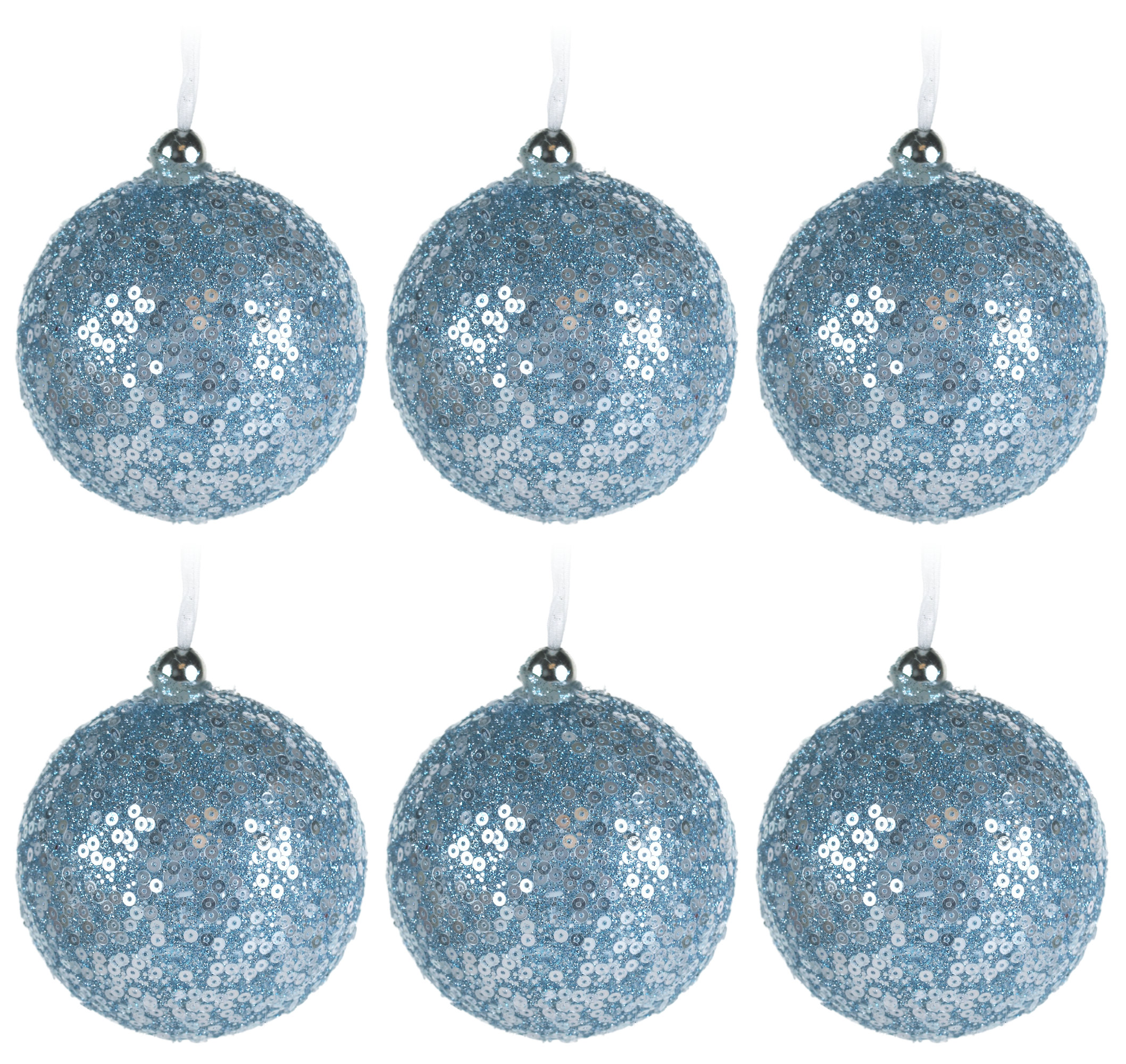 Sequin Encrusted Ice Blue Shimmer Christmas Tree Baubles Decorations - Set of 6