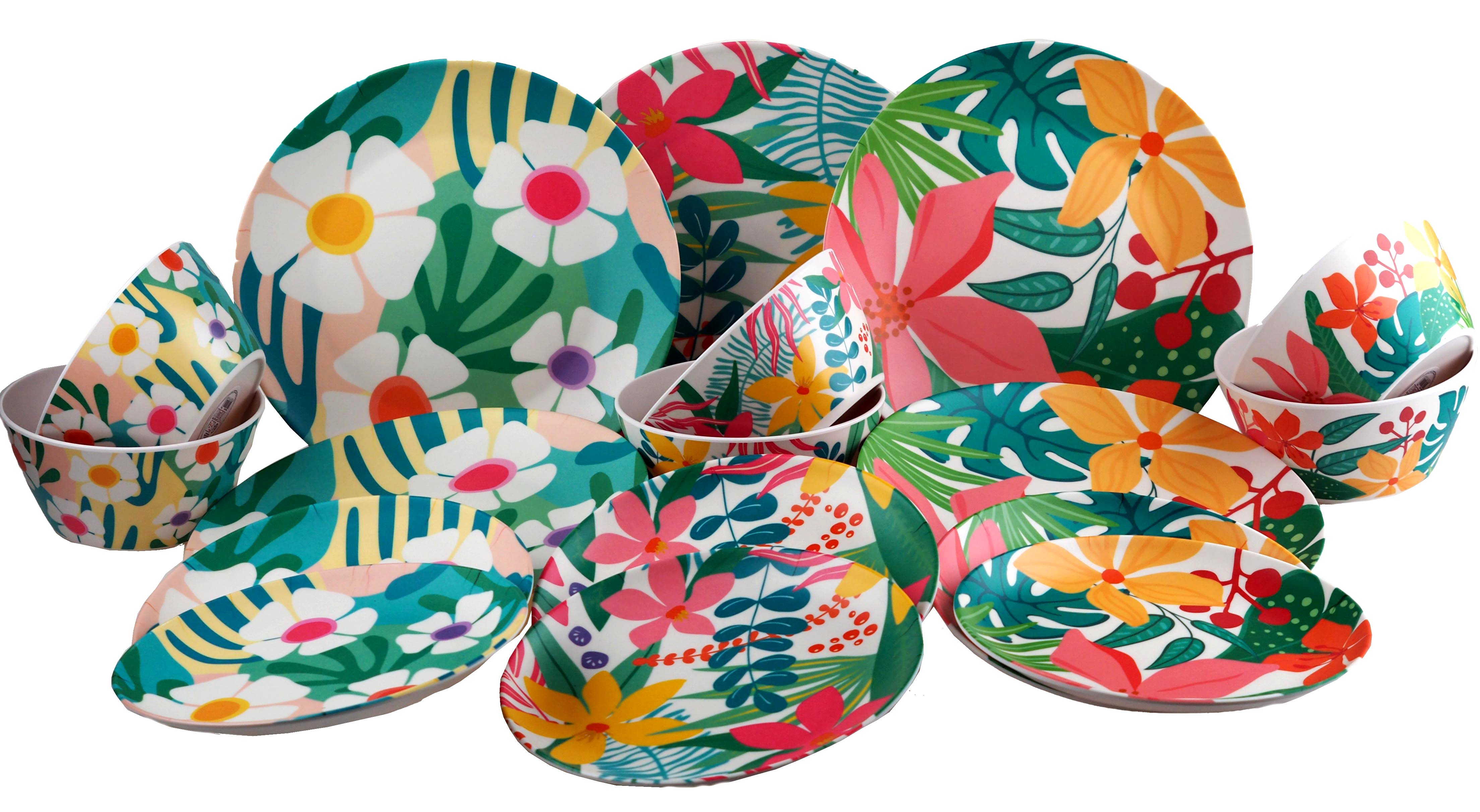 Melamine Plastic Dining Set - Tropical Floral Plate & Bowls - 18 Piece