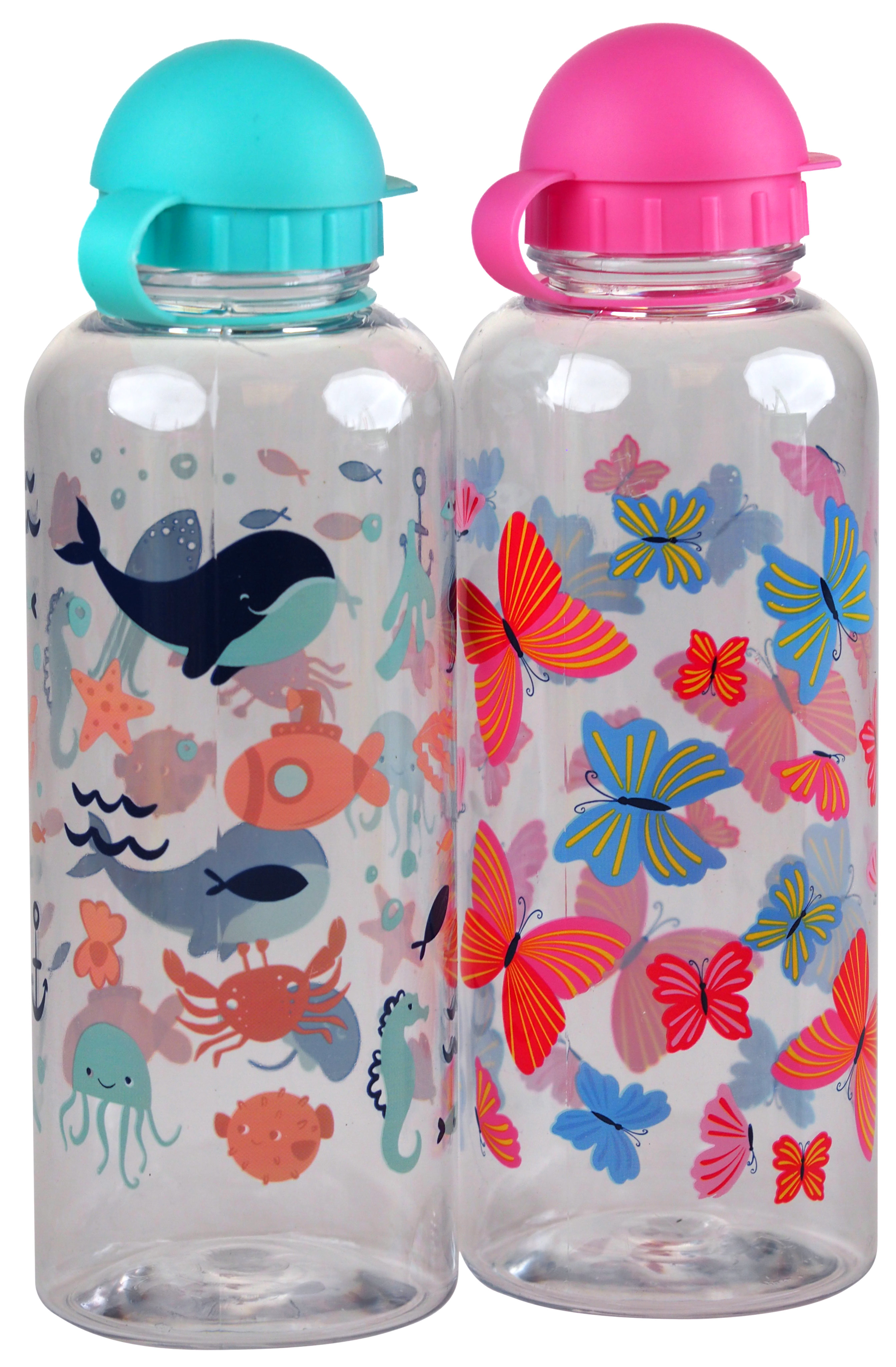 Childs Nursery School Drinking Juice Bottle Flask - Sealife Butterfly - Set of 2