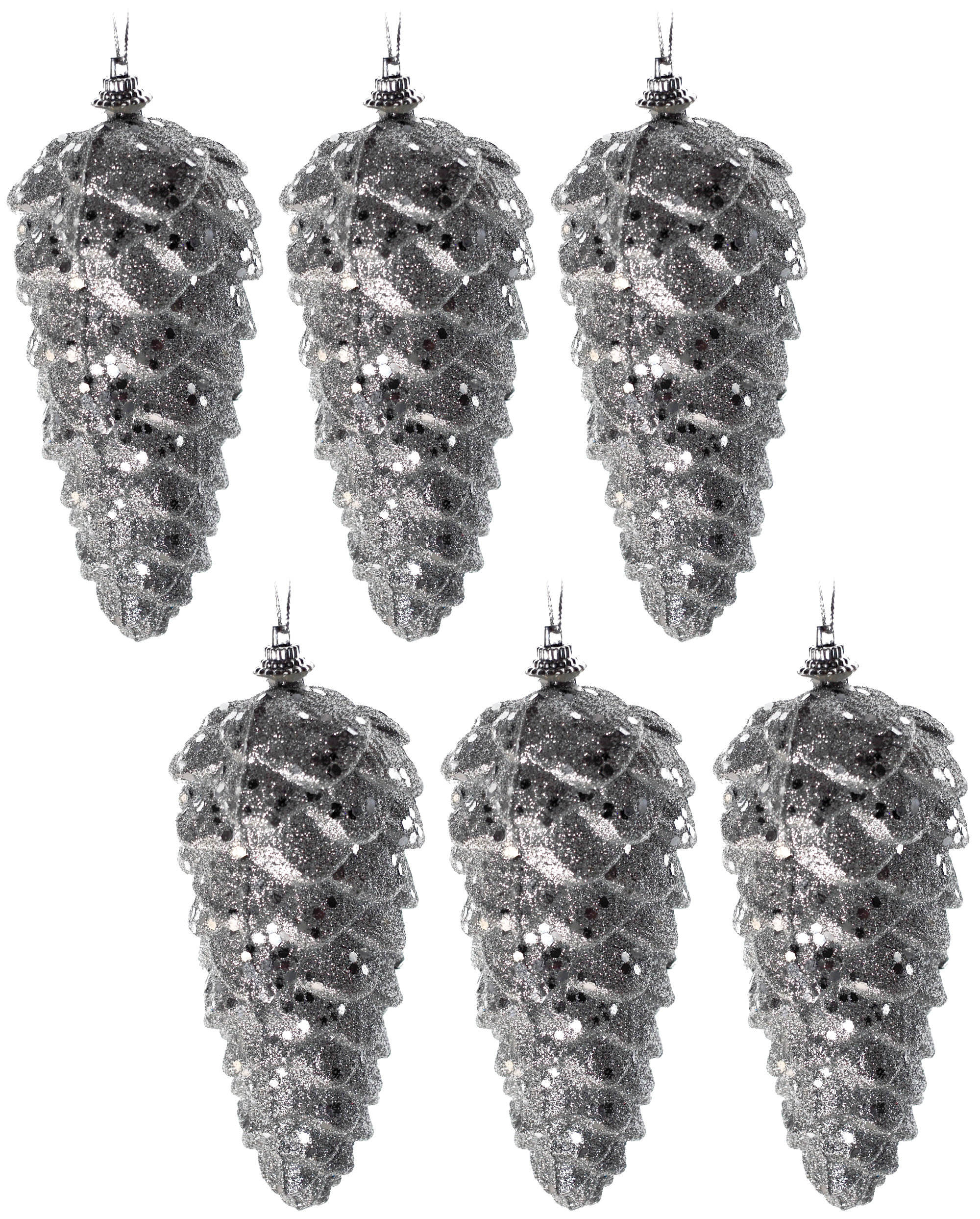 Large 13cm Silver Pine Cone Christmas Tree Baubles Decorations (Set of 6)