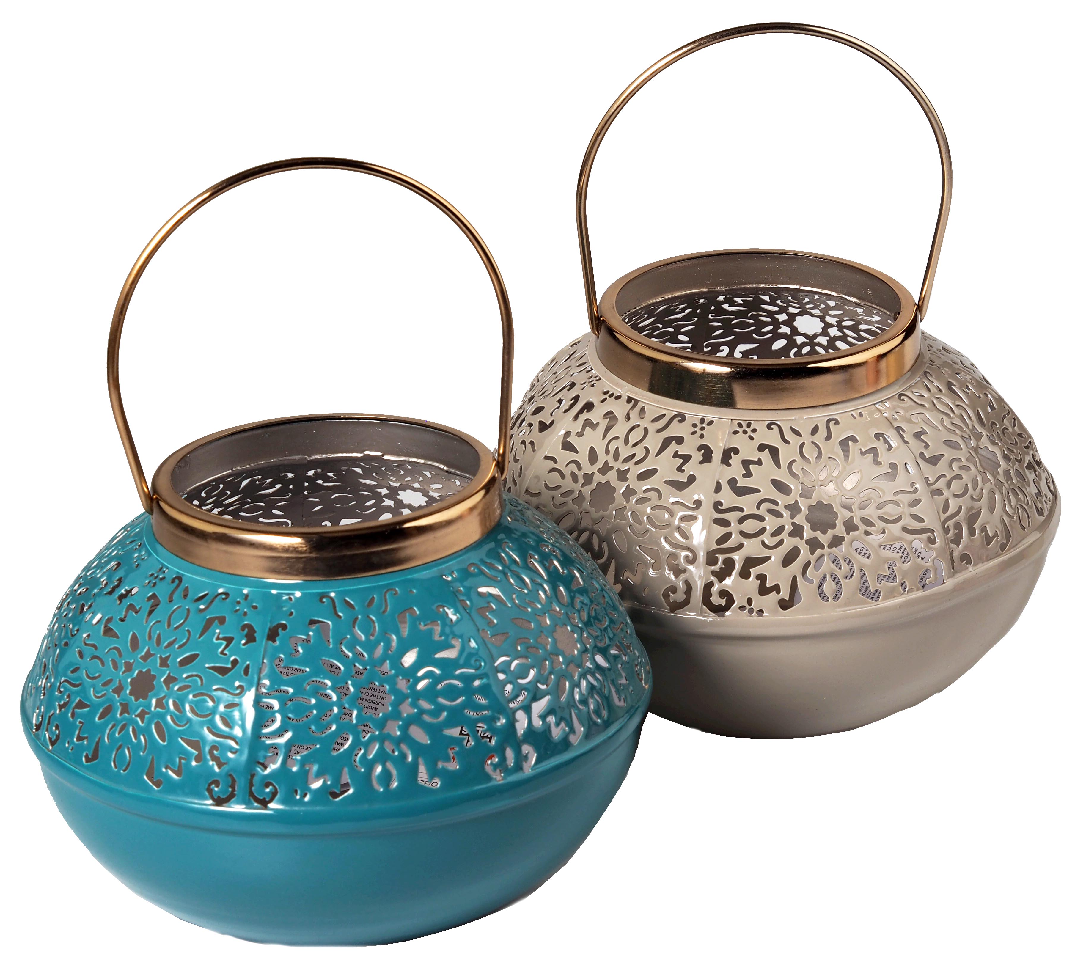 Teal Blue White Moroccan Kasbah Design Iron Lanterns / Candle Holders (Set of 2)