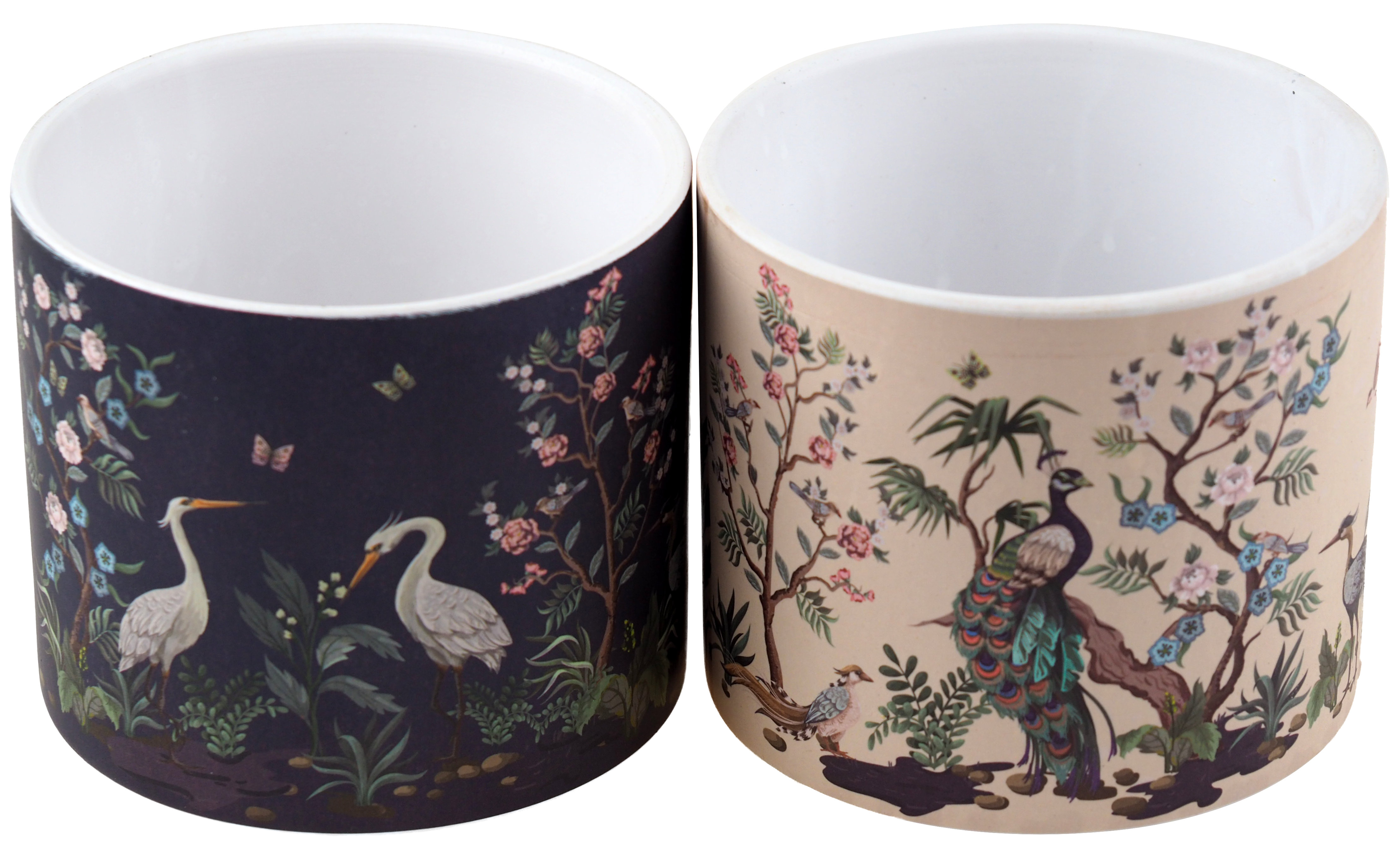 Eastern Oriental Crane Peacock Bird Design Plant Pots - Navy Cream (Set of 2)