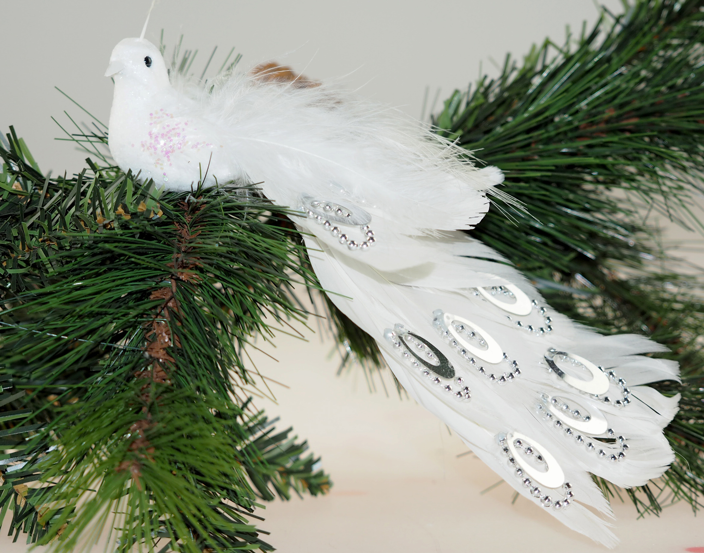 Set Of 2 White Peacock Clip On Craft Birds Of Paradise Christmas Tree