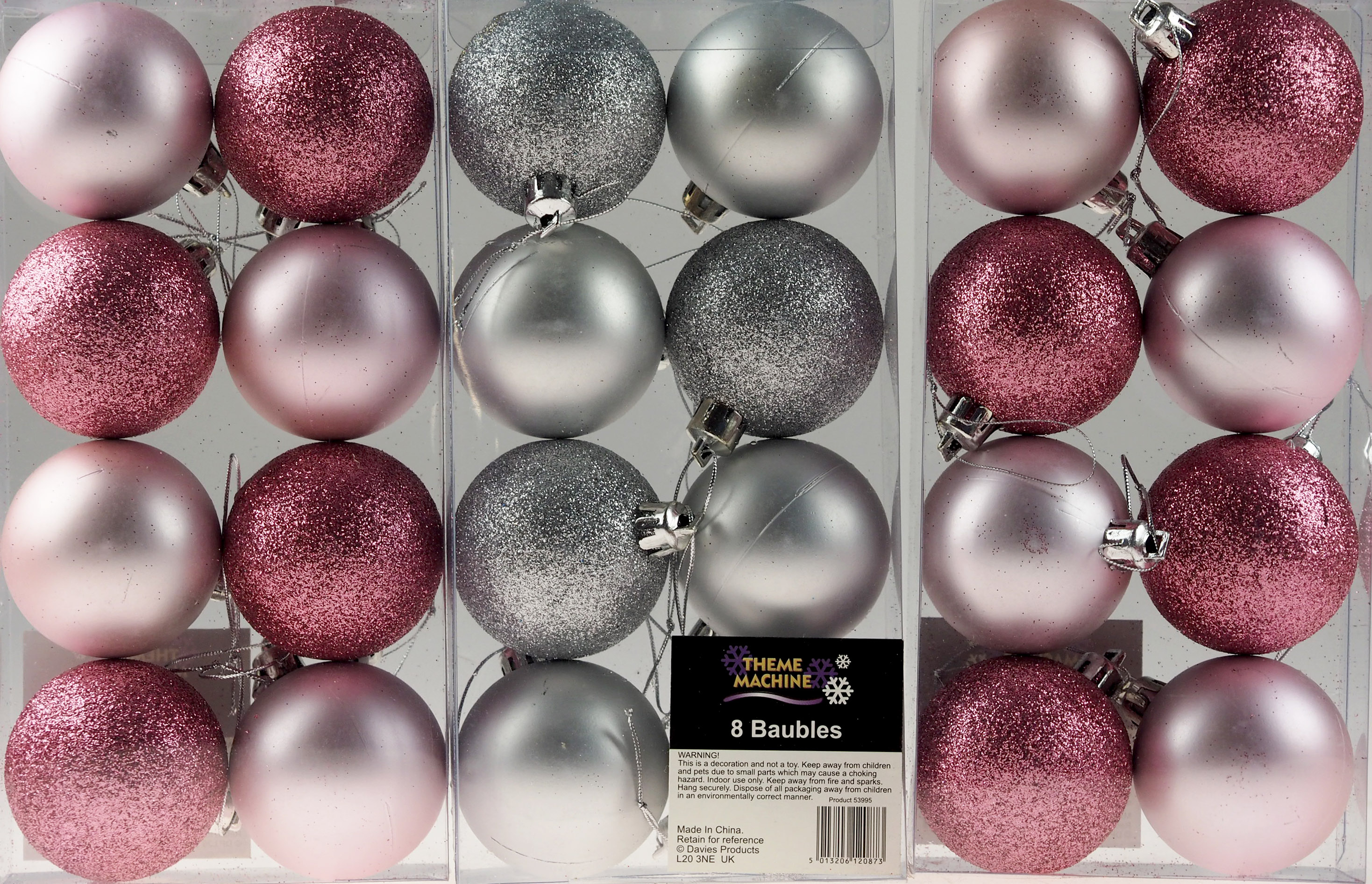 Set Of 24 Baby Pink Silver 6cm Christmas Tree Baubles