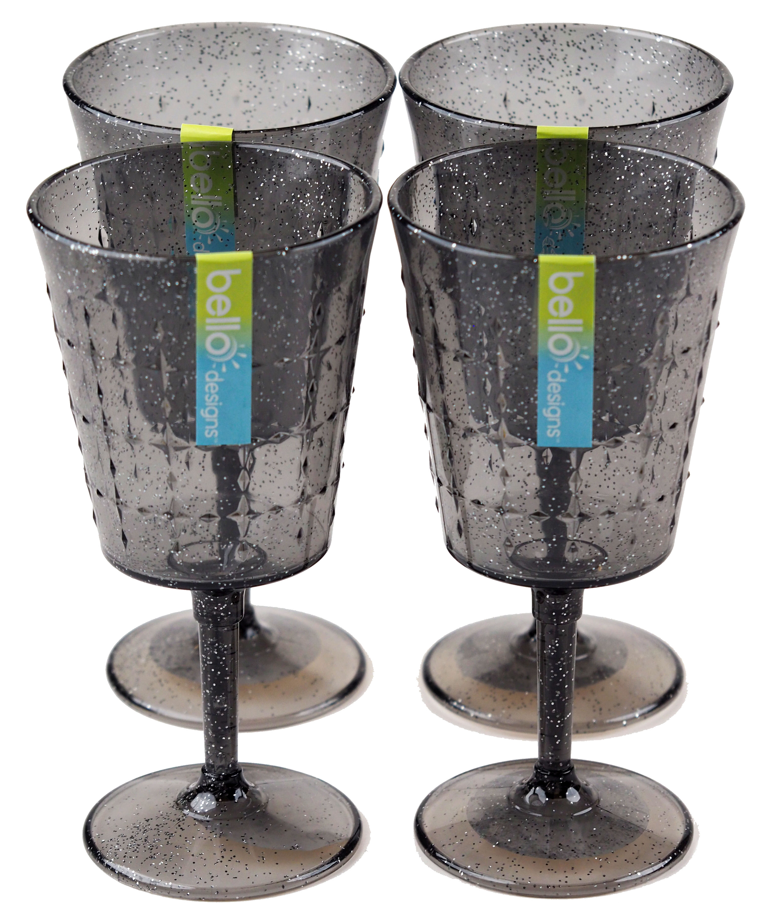 Reusable Plastic Summer Party Design Wine Stem Glasses - Grey Glitter (Set of 4)