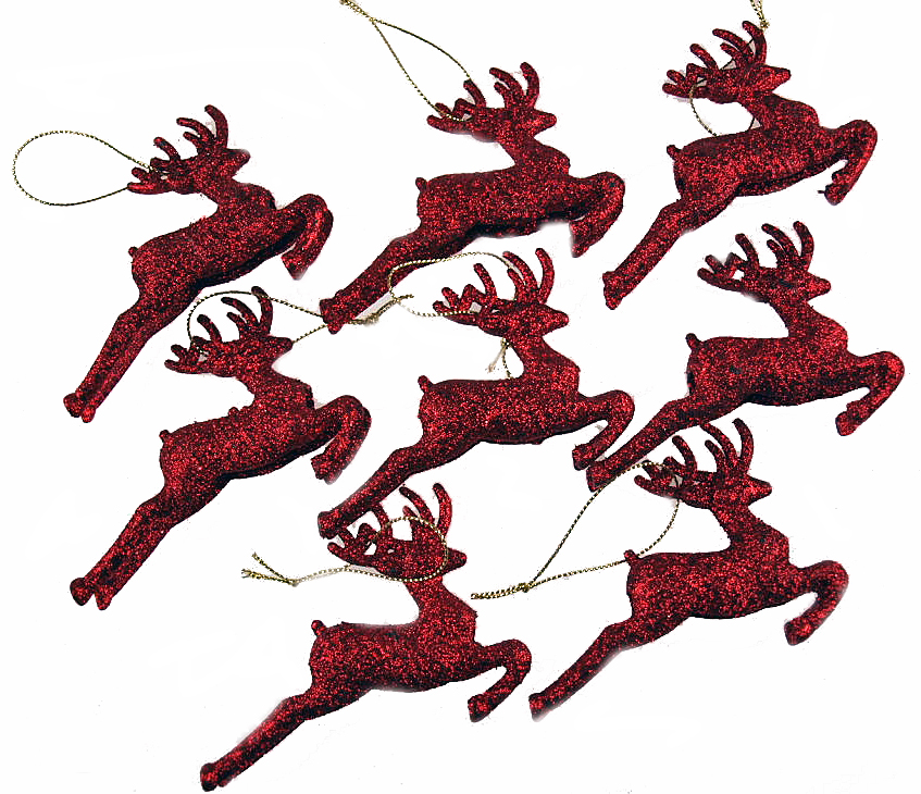 Set Of 8 Red Glitter Reindeer Christmas Tree Hanging Ornament ...