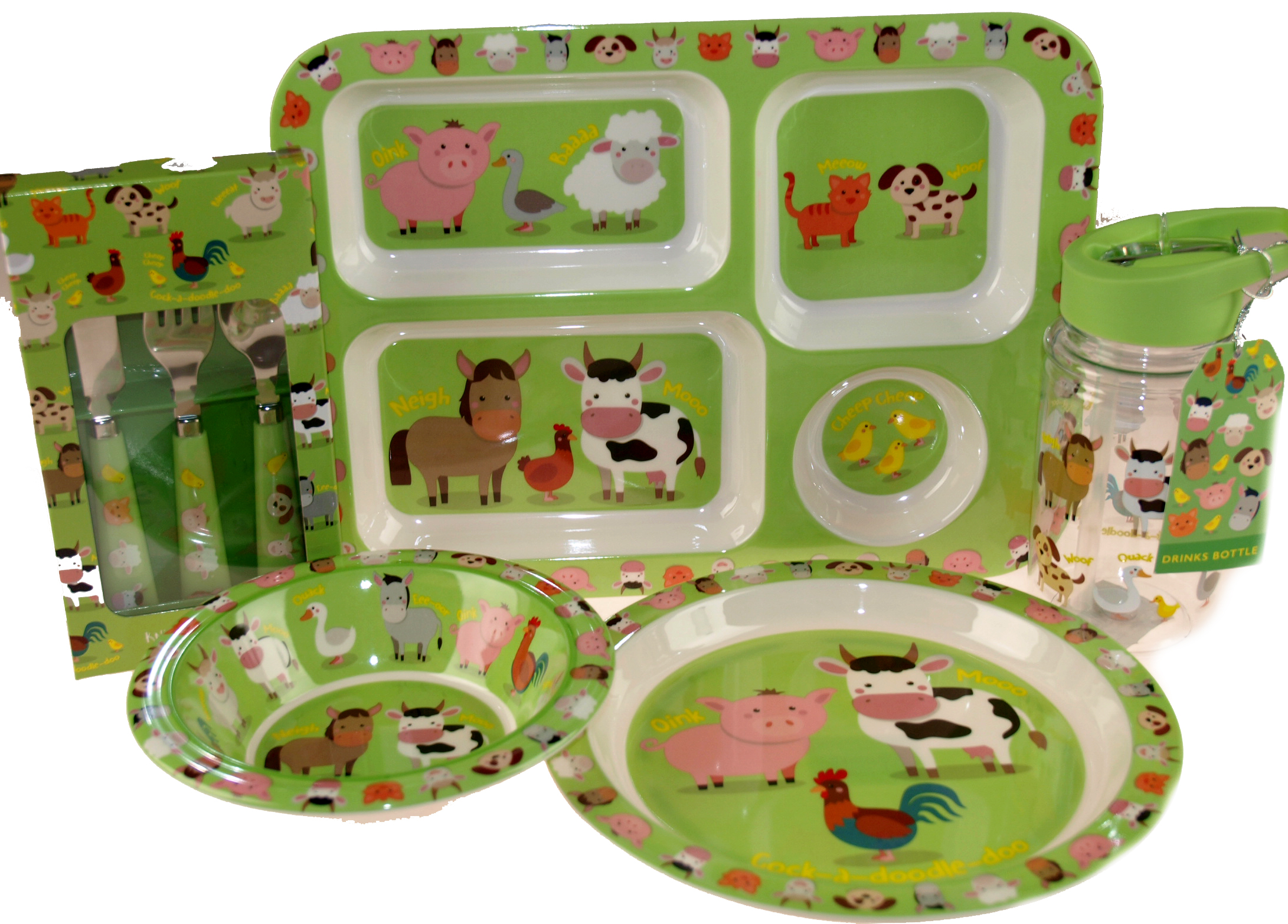 The Leonardo Collection Childs Bamboo Eco-Friendly Farm Animals Dinner Meal Set Plate Bowl Fork & Spoon 