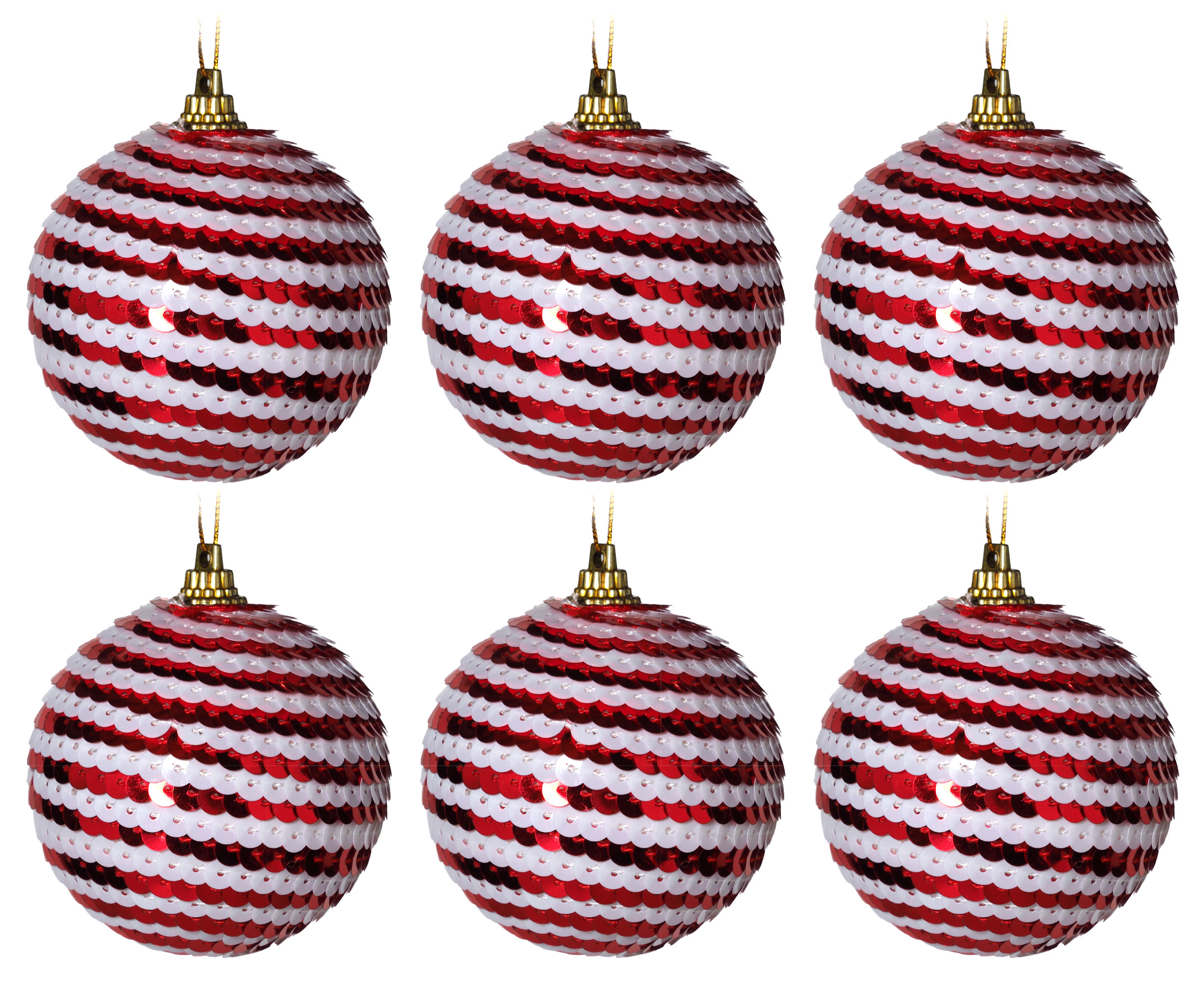 Round Swirl Sequin Christmas Tree Baubles - Red White Candy Cane - Set of 6