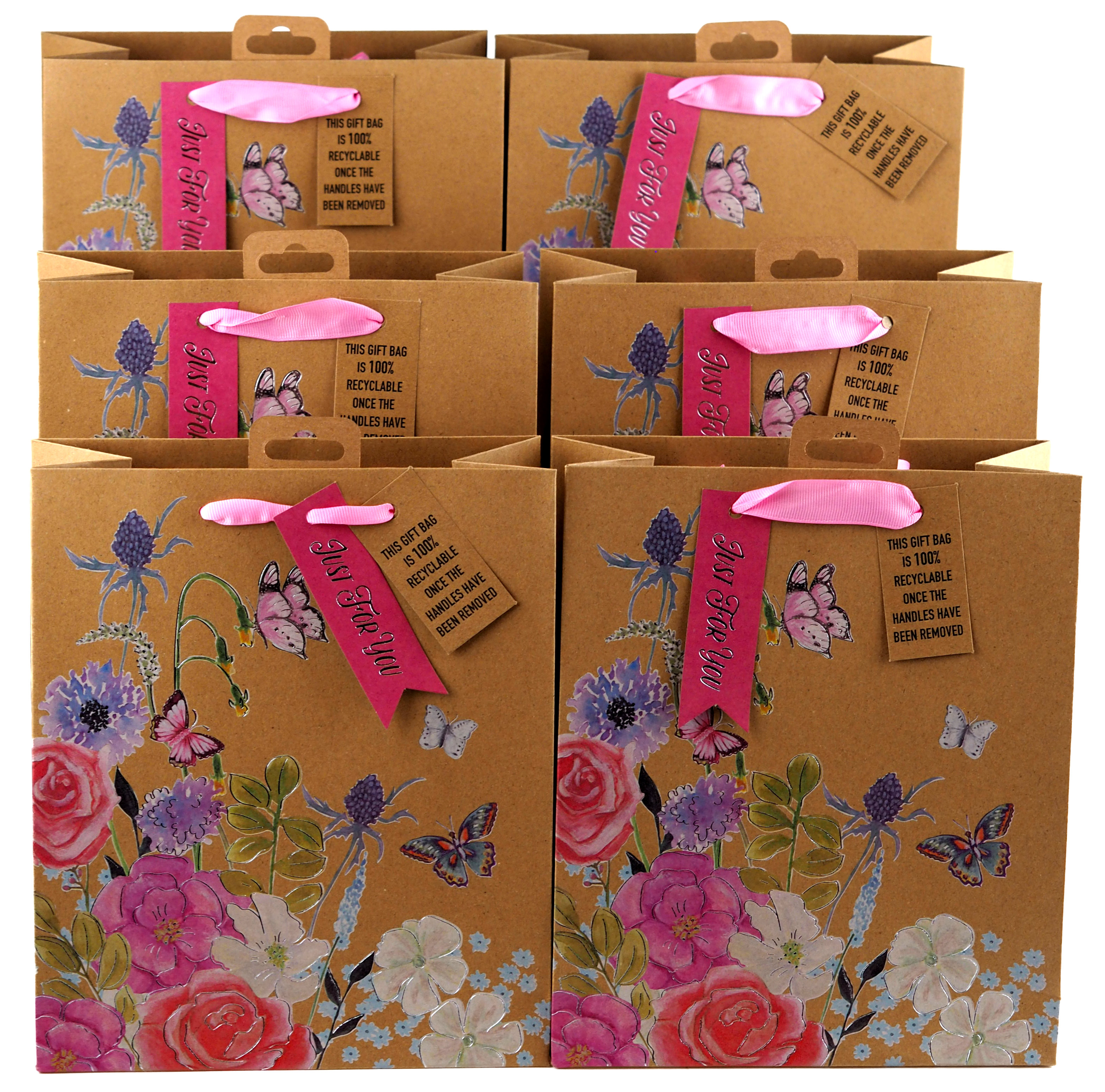 Butterfly Floral Kraft Gift Bags - Eco Friendly - Medium - Set of 6