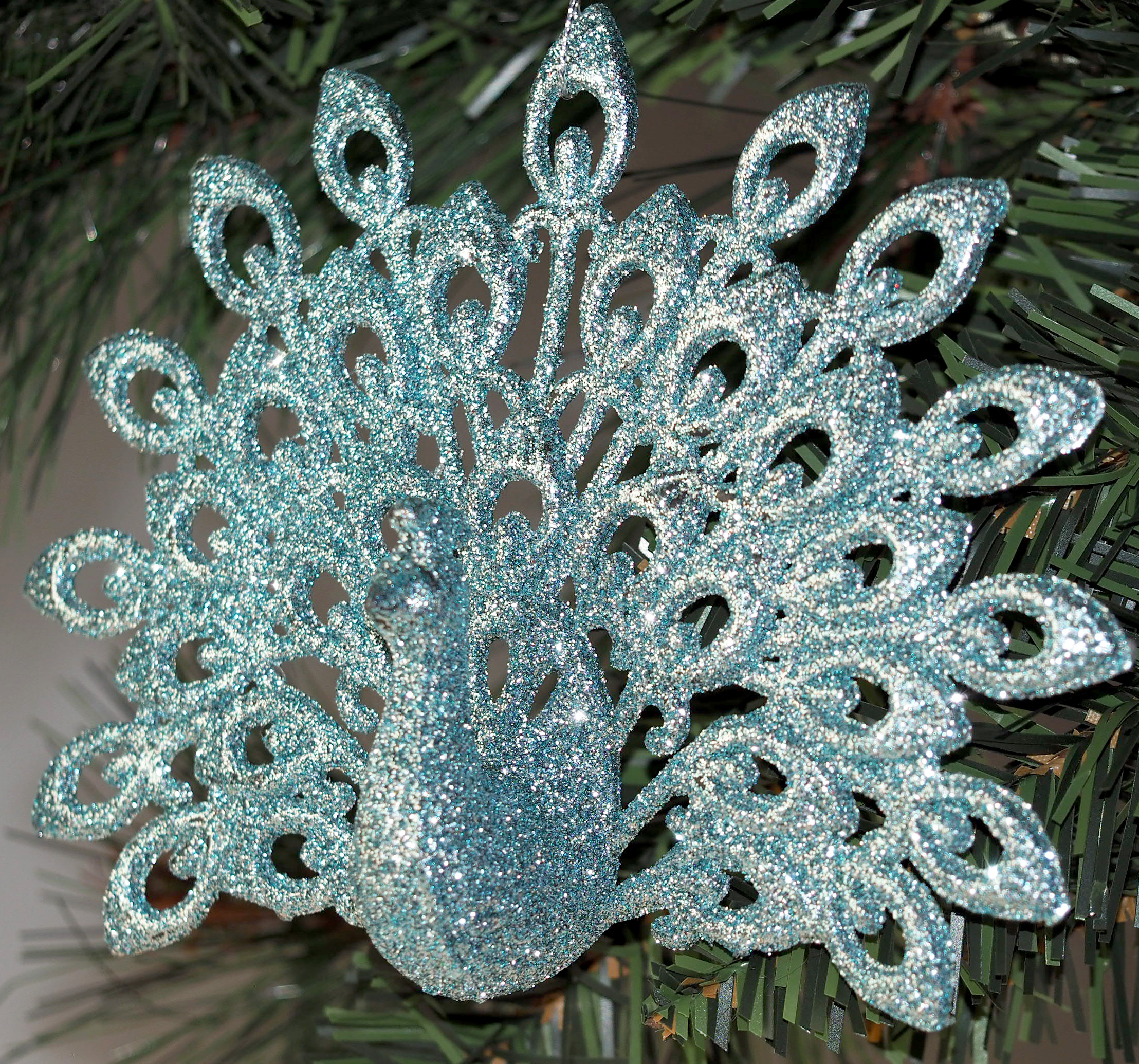 Large Glitter Peacock Christmas Tree Baubles Decorations - Ice Blue (Set of 4)