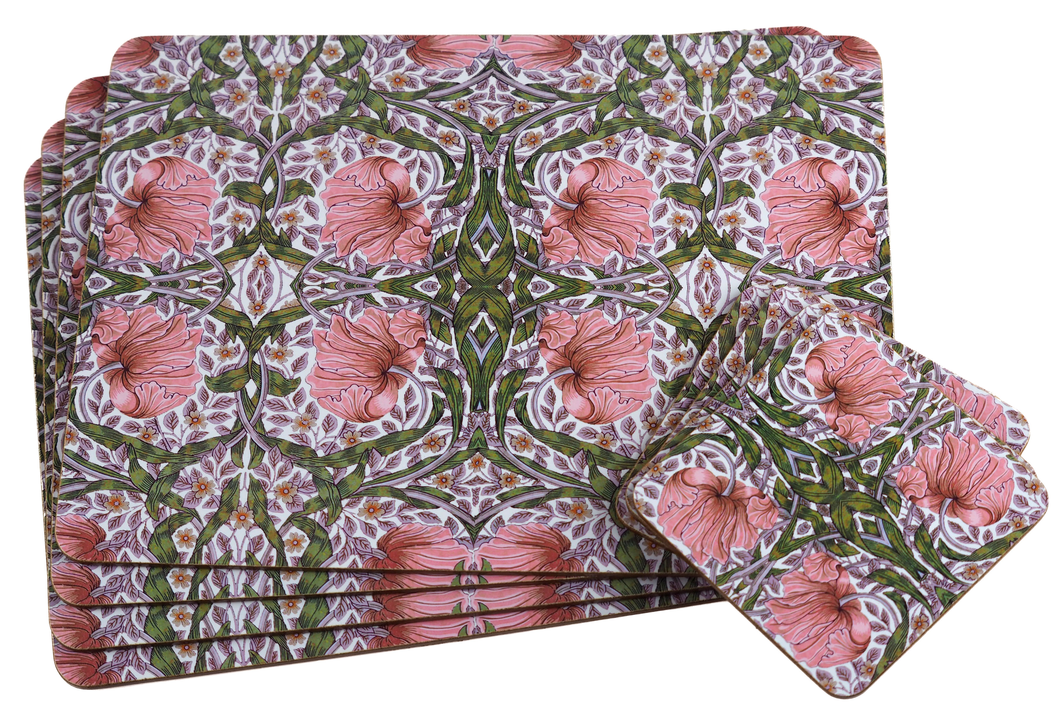 Set Of 4 William Morris Design Floral Pimpernel Dinner Place Mats And 4 Coasters