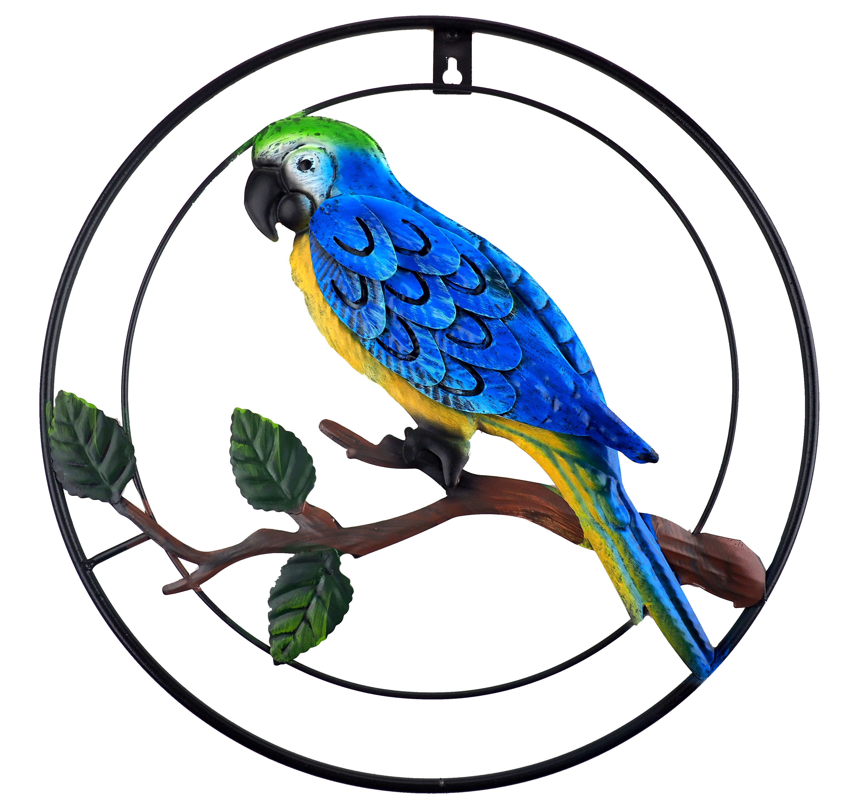 Large 35cm Blue Parrot Round Wall Plaque Garden Metal Decoration