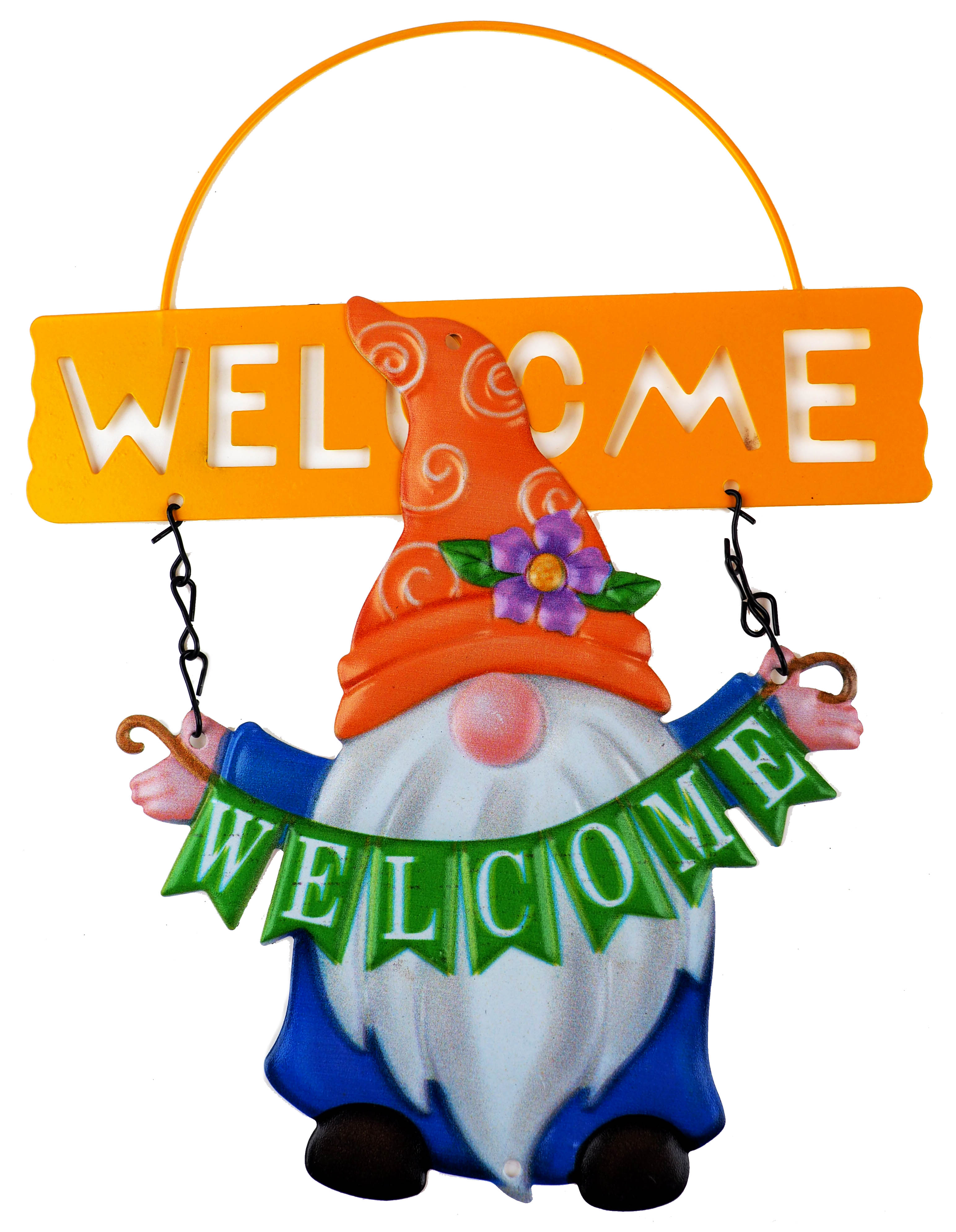 Welcome Gonk Gnome Garden Metal Hanging Sign Plaque - Yellow