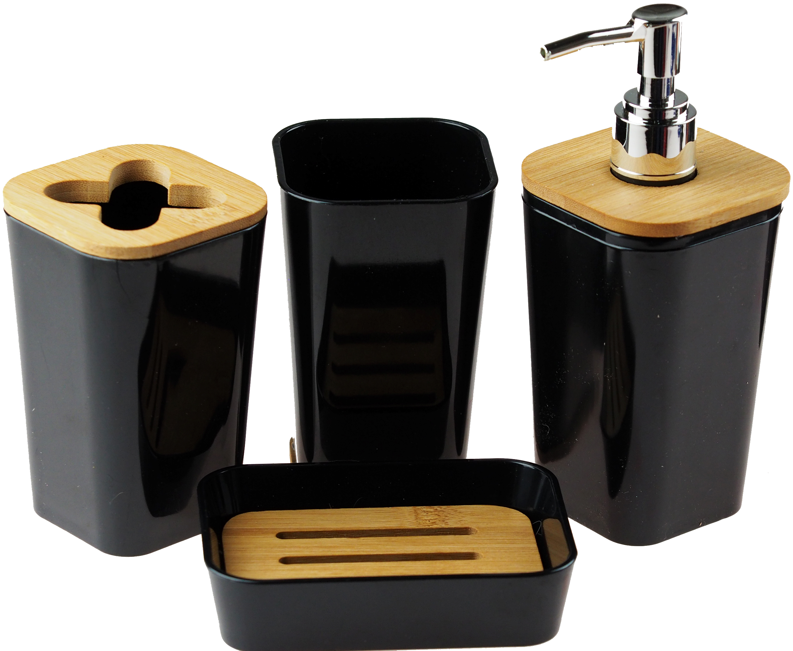 Complete 4 Piece Black Bathroom set - Soap Dispenser, Dish, Toothbrush Holders