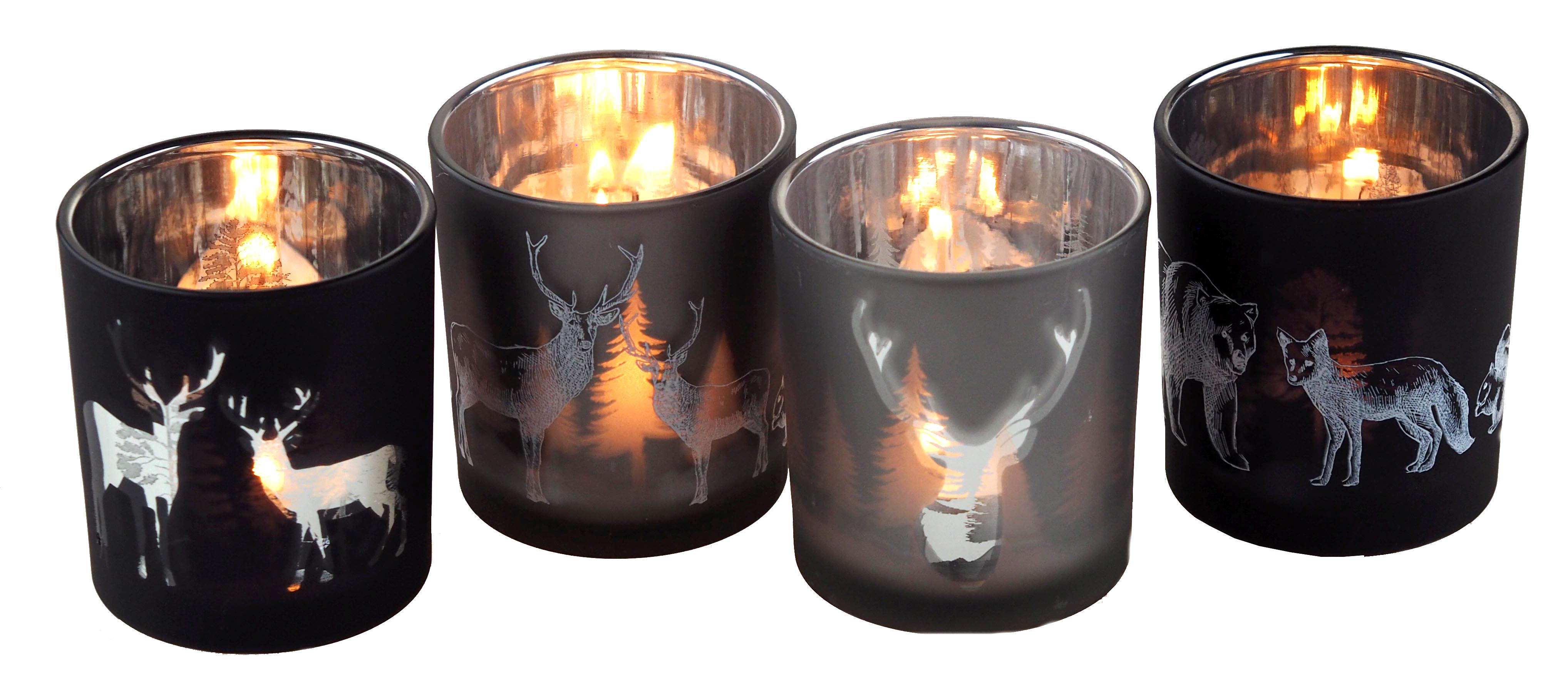 Christmas Stag Reindeer Wildlife Tealight Candle Holders - Grey Black (Set of 4)