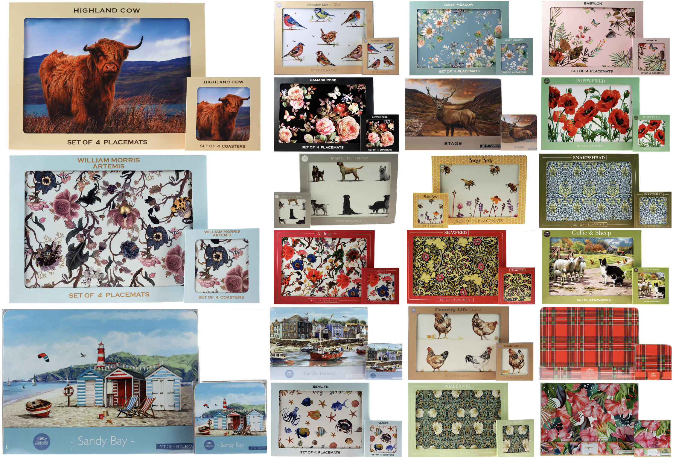Set of 4 Hardback Placemats and 4 Matching Coasters Various Designs