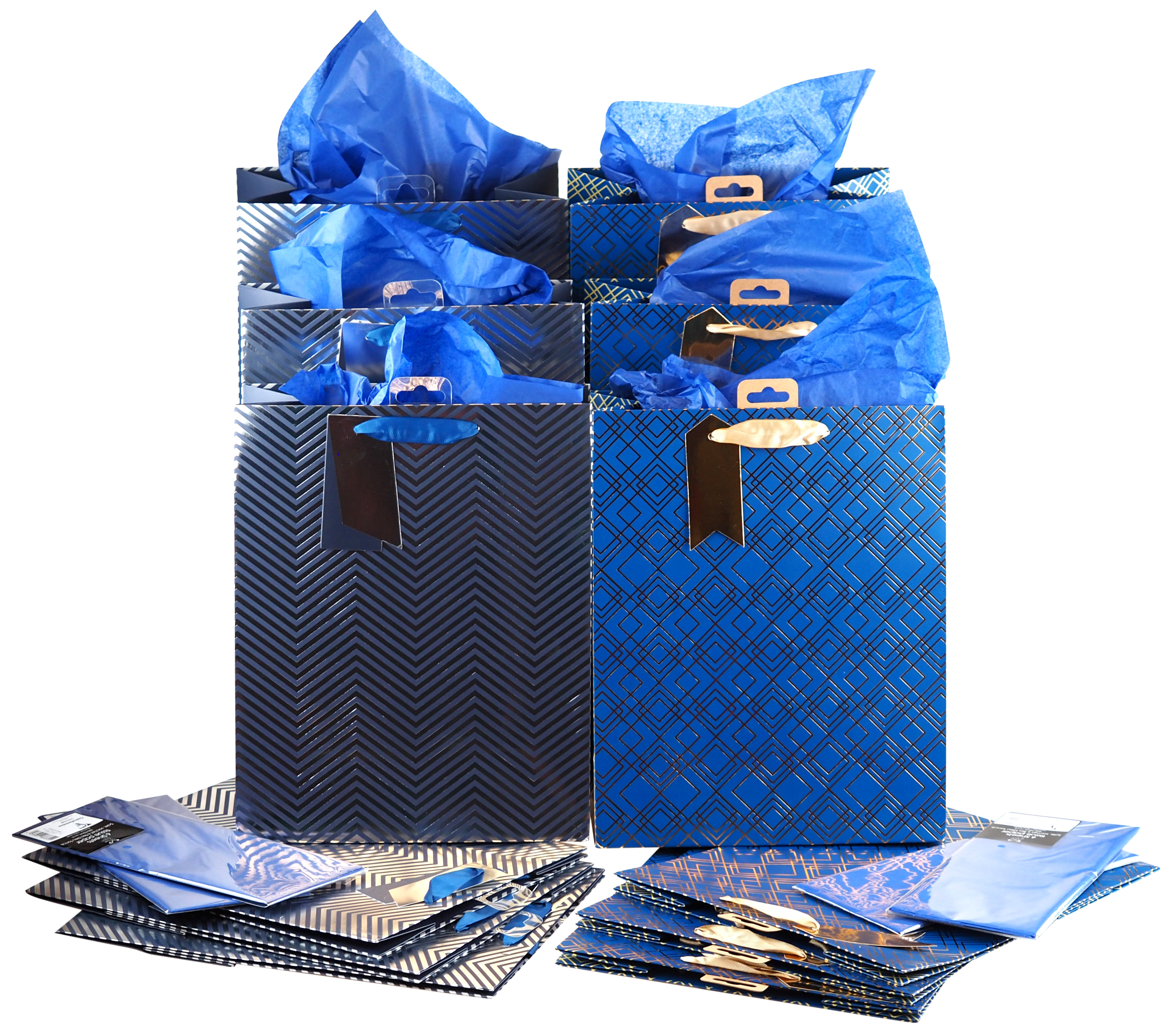 Navy Blue & Foil Gift Bags with Tissue - Large - Set of 12