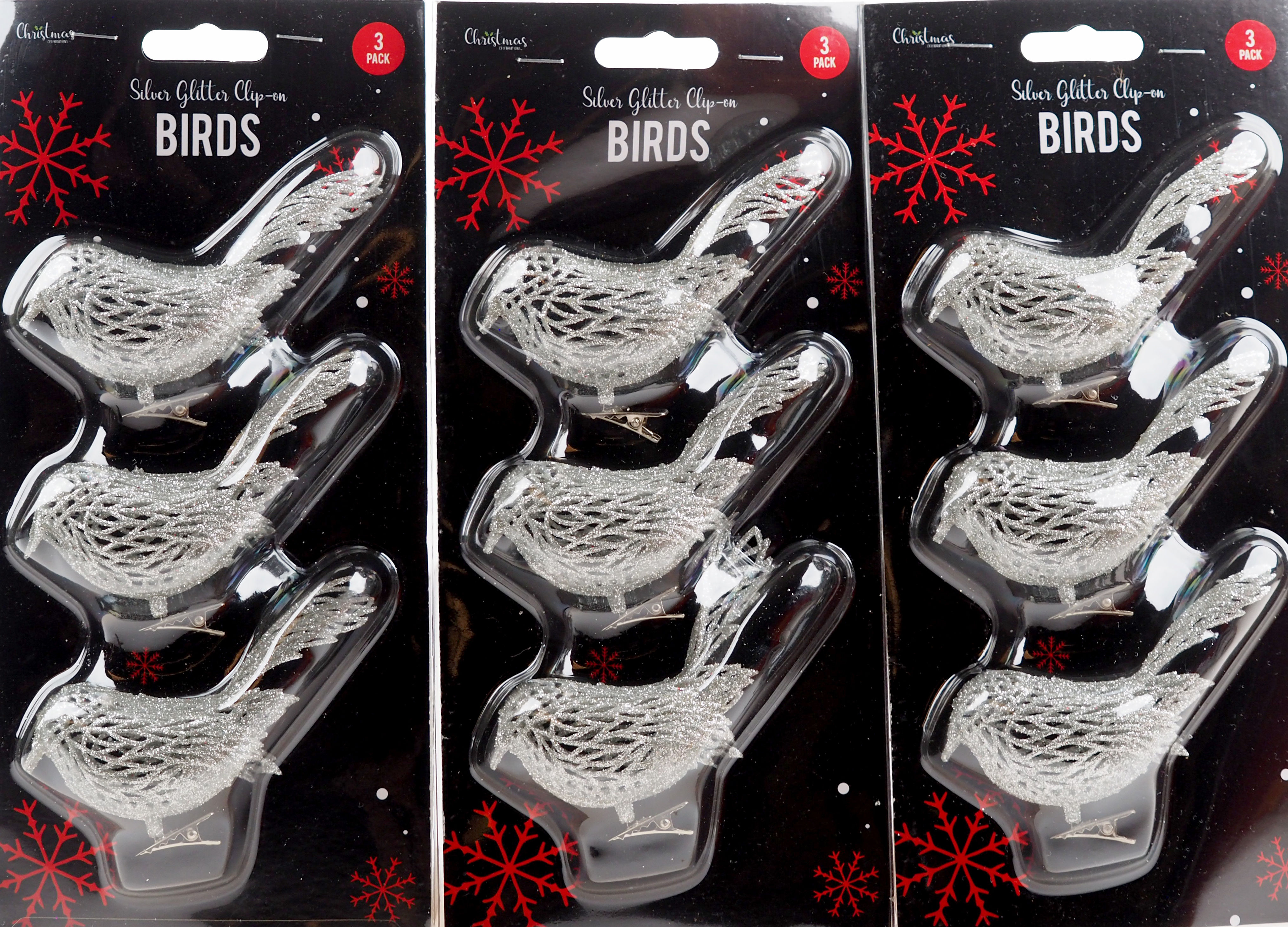 Silver Glitter Encrusted Clip On Birds Christmas Tree Decorations (Set of 9)