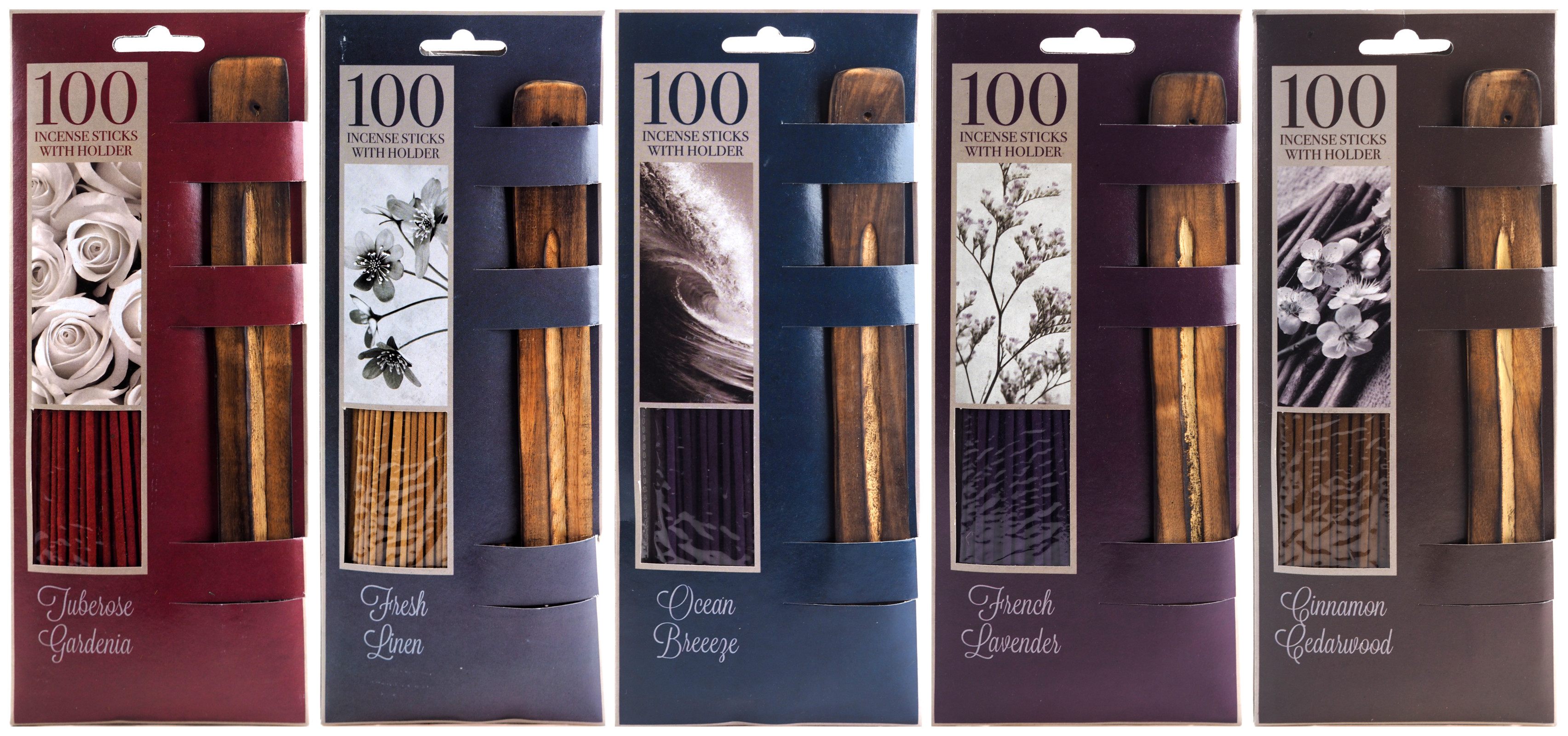 100 Incense Sticks with Wooden Holder - Various Fragrances