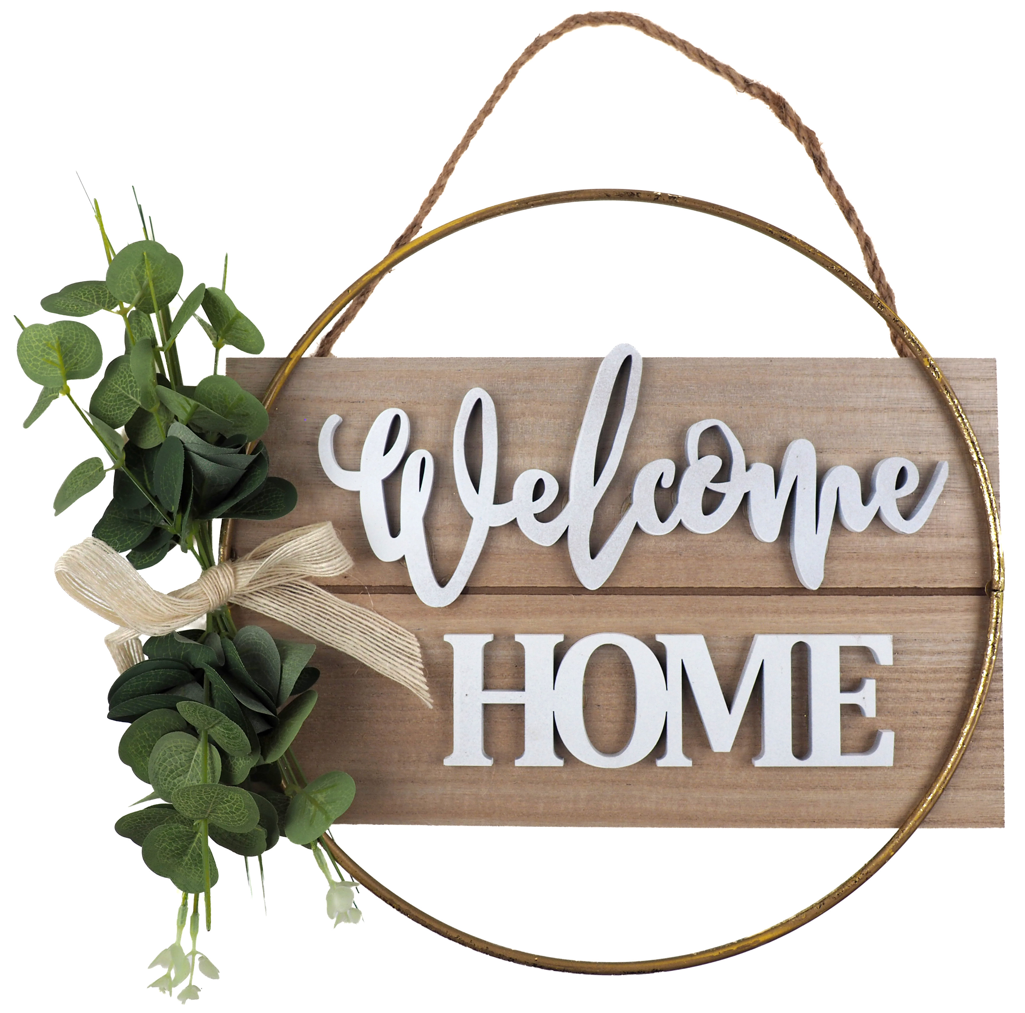 Welcome Home Hanging Plaque 30cm -With Sage leaves /Wood -Natural Cottage Design