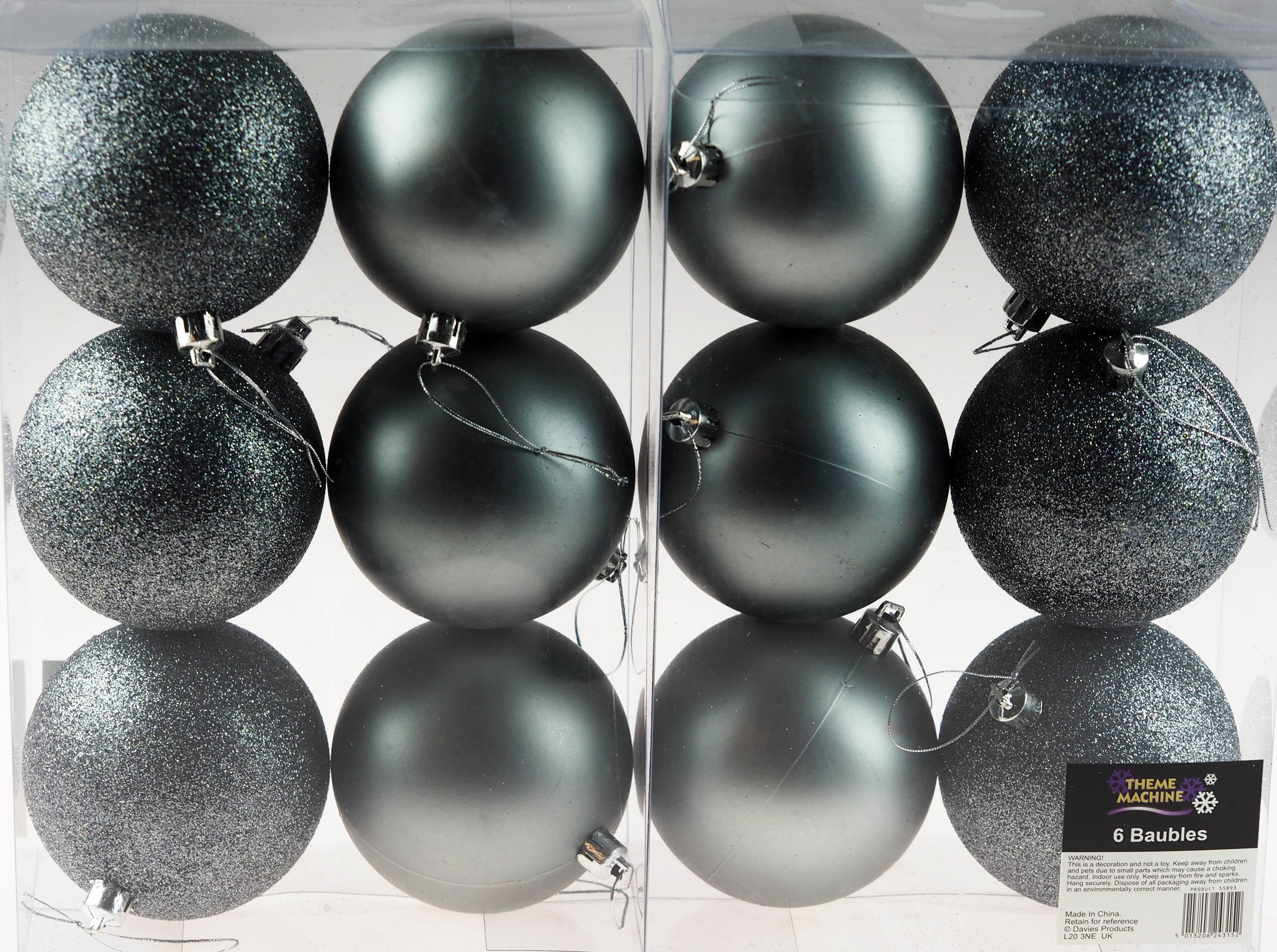 Large Graphite Grey Christmas Tree Baubles Decorations  (Set of 12)
