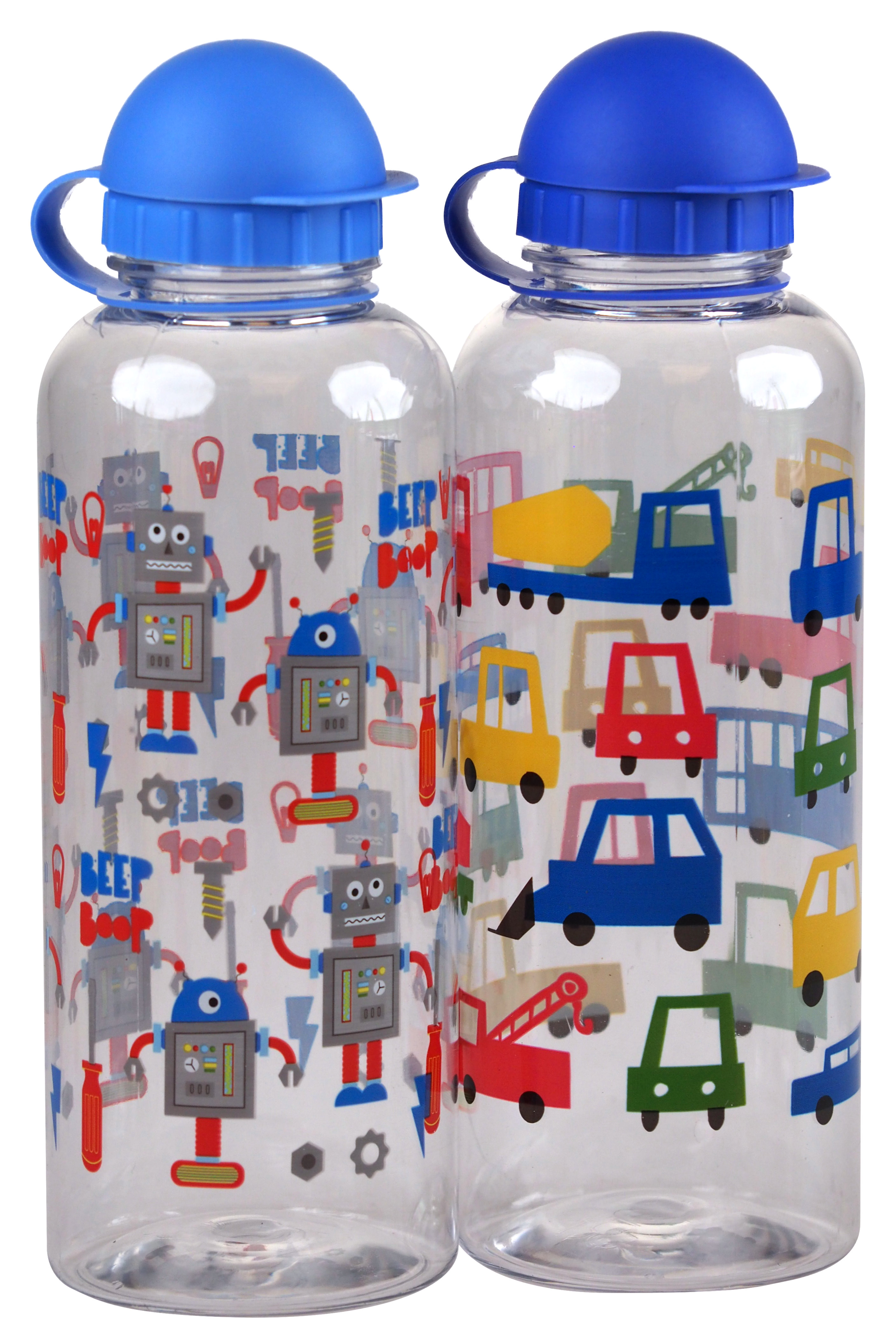 Boys Nursery School Drinking Juice Bottle Flask - Robot Vehicle - Set of 2