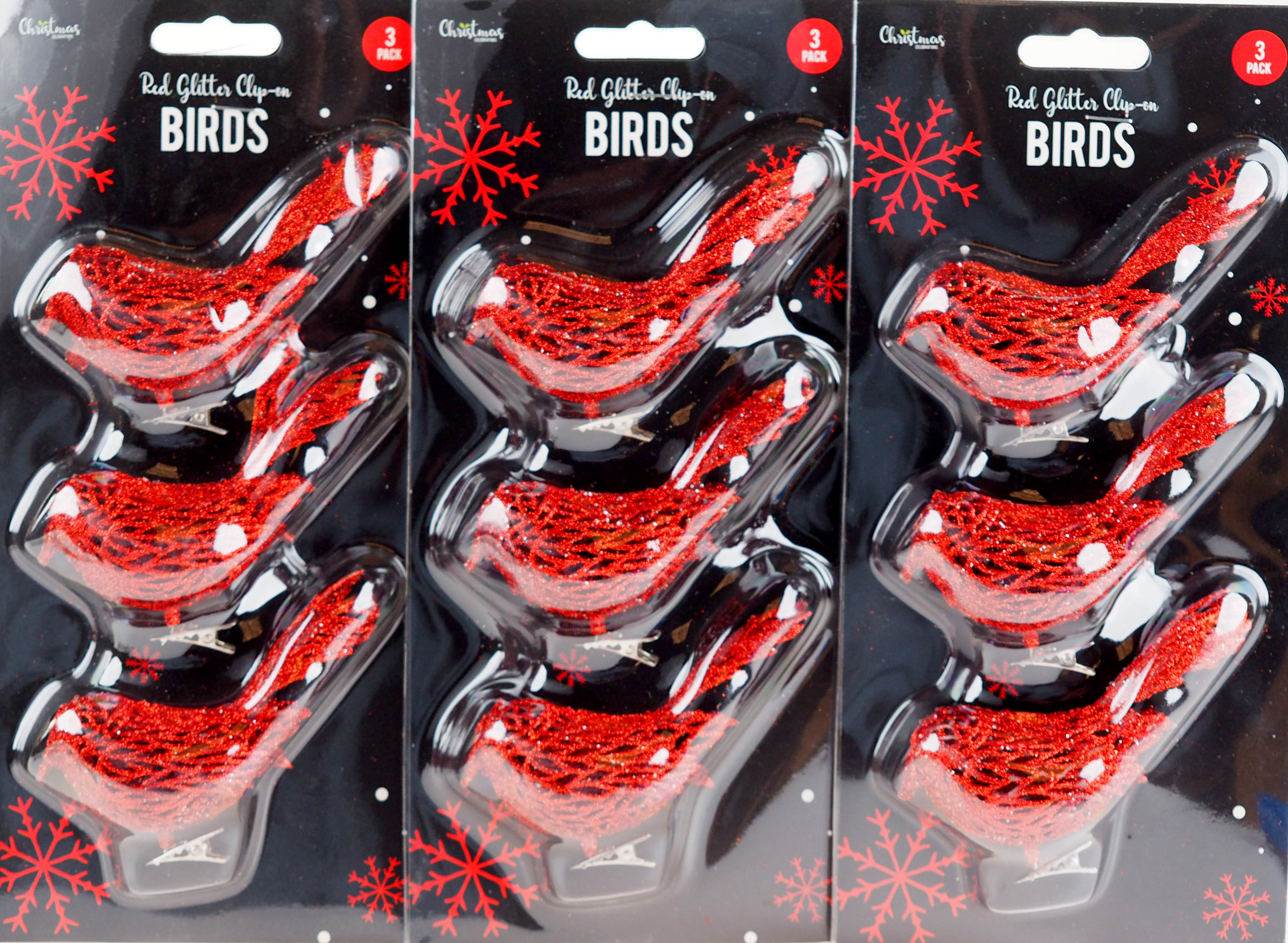 Red Glitter Encrusted Clip On Birds Christmas Tree Decorations - Set of 9