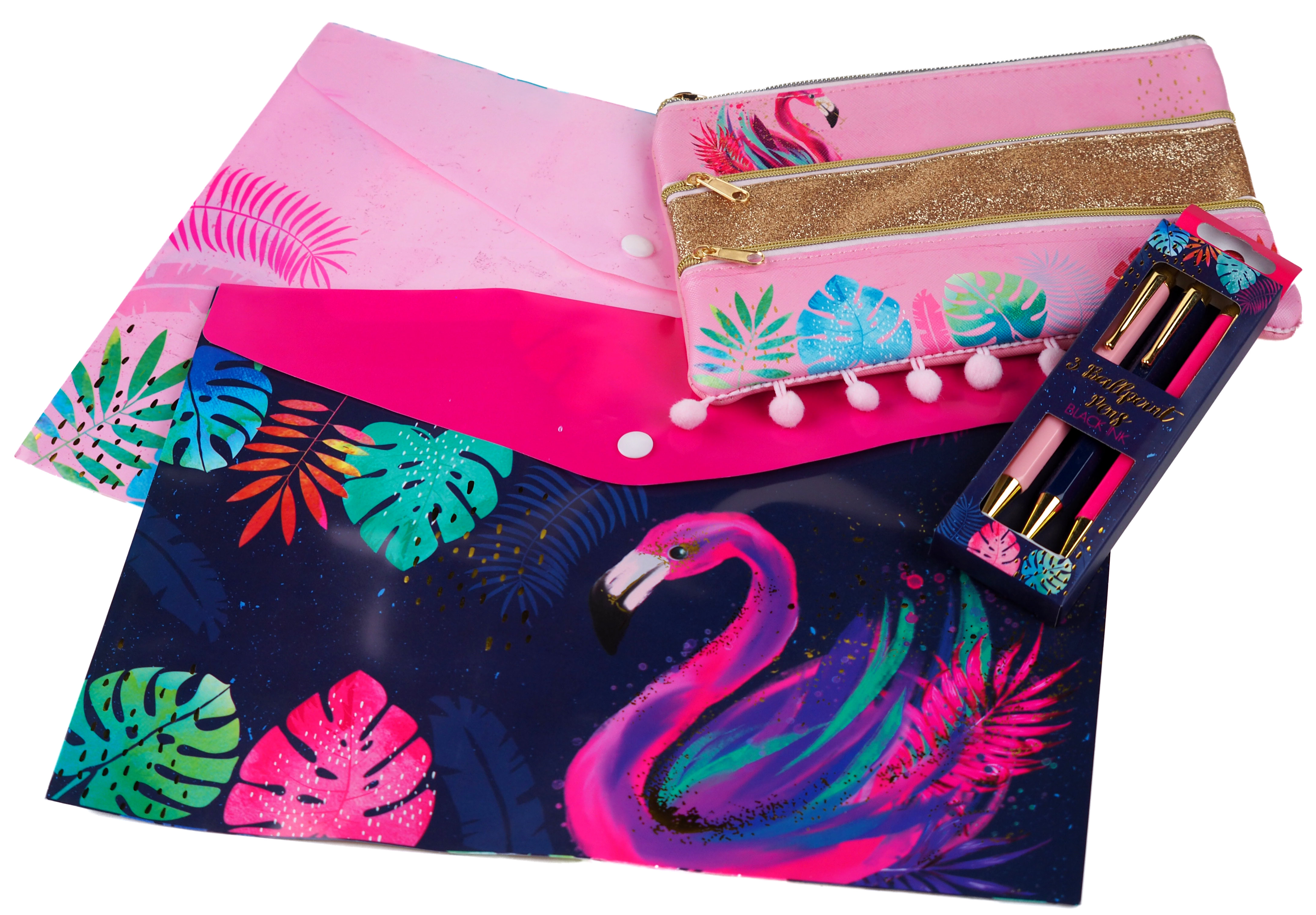 Pink Tropical Flamingo Stationery Set - Folders, Pens & Pencil Case