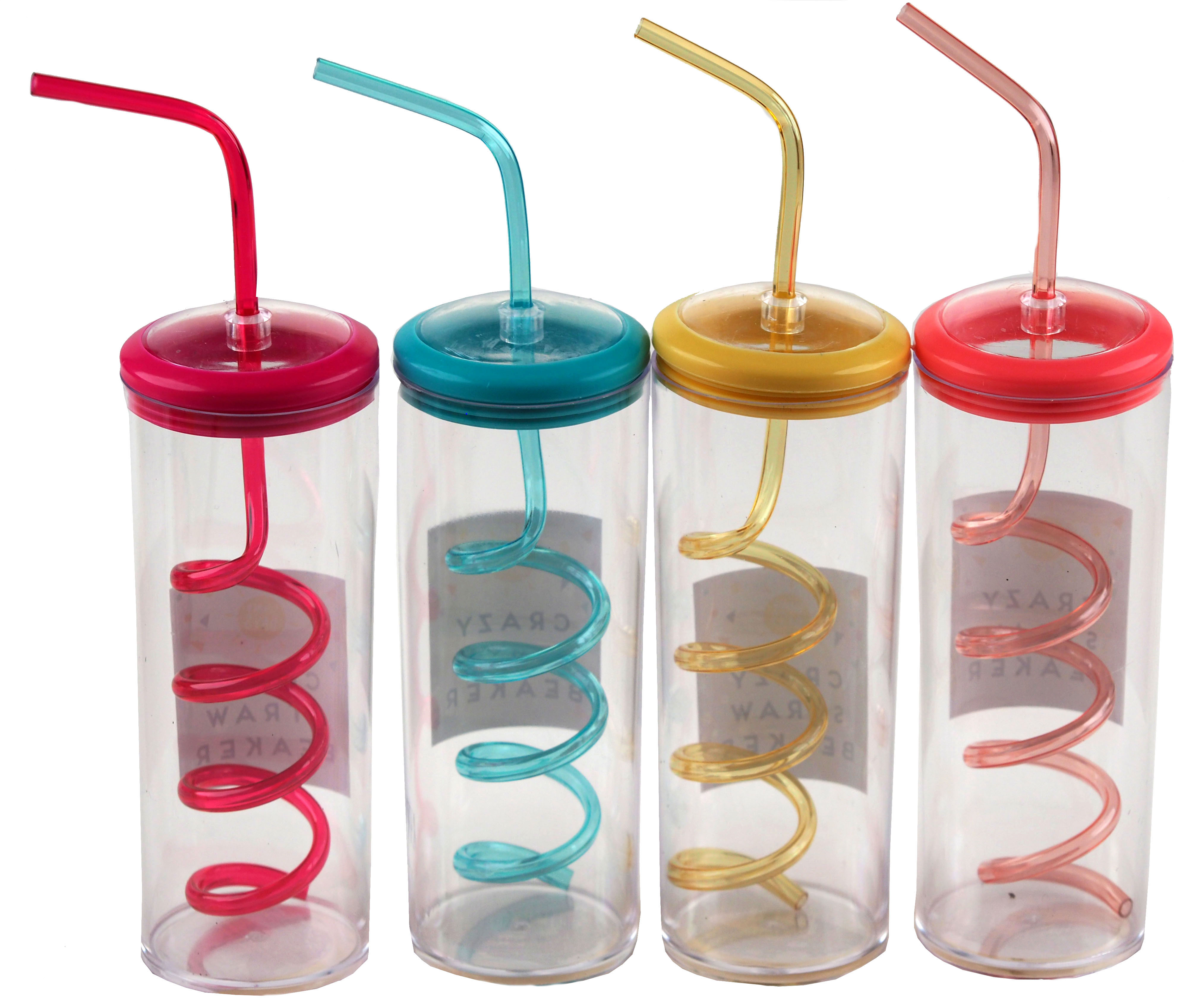 Transparent Drinking Beaker With Lid and Crazy Spiral Straw (Set of 4)