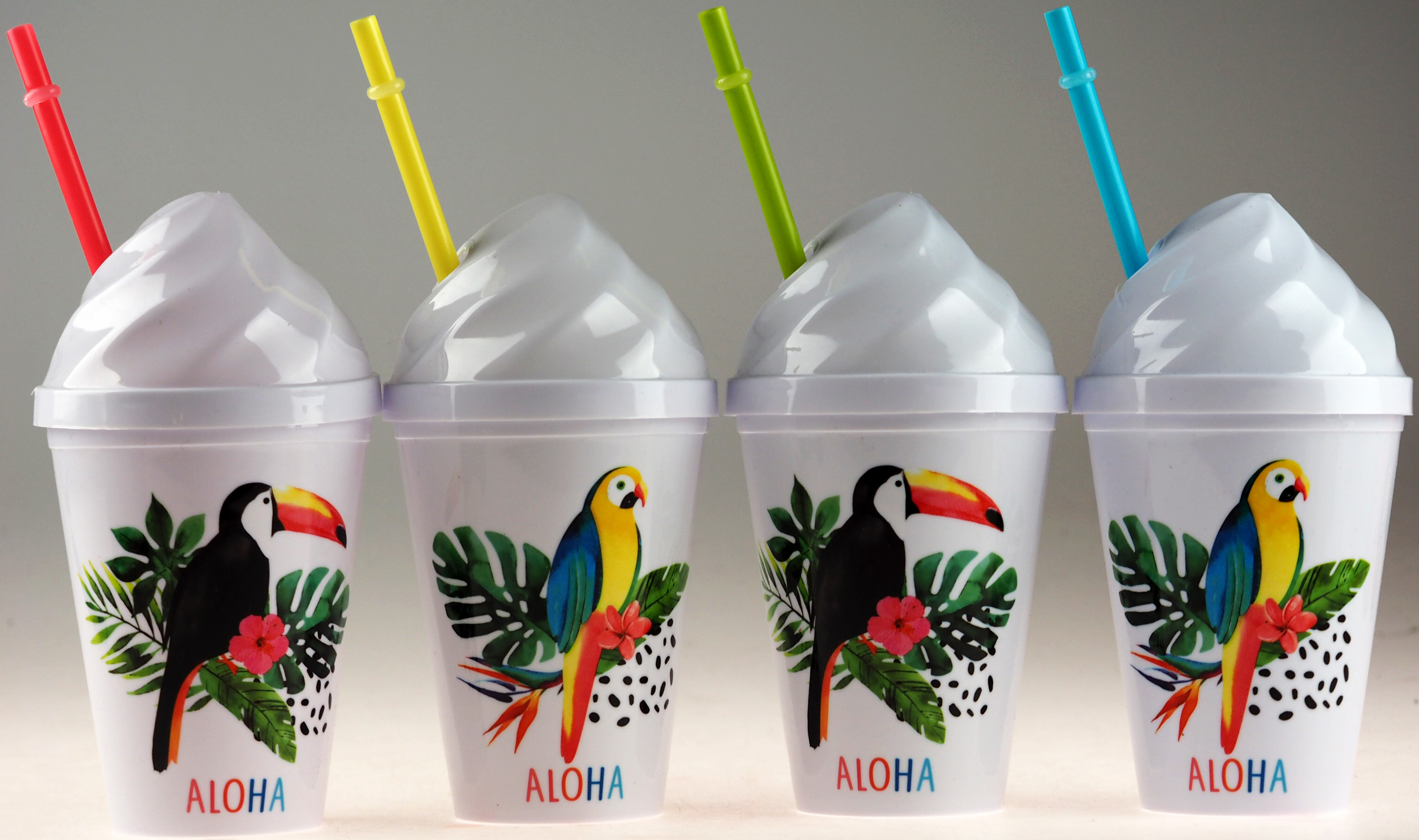 Plastic Toucan Parrot Tropical Bird Cups With Ice Cream Lid And Straw (Set of 4)