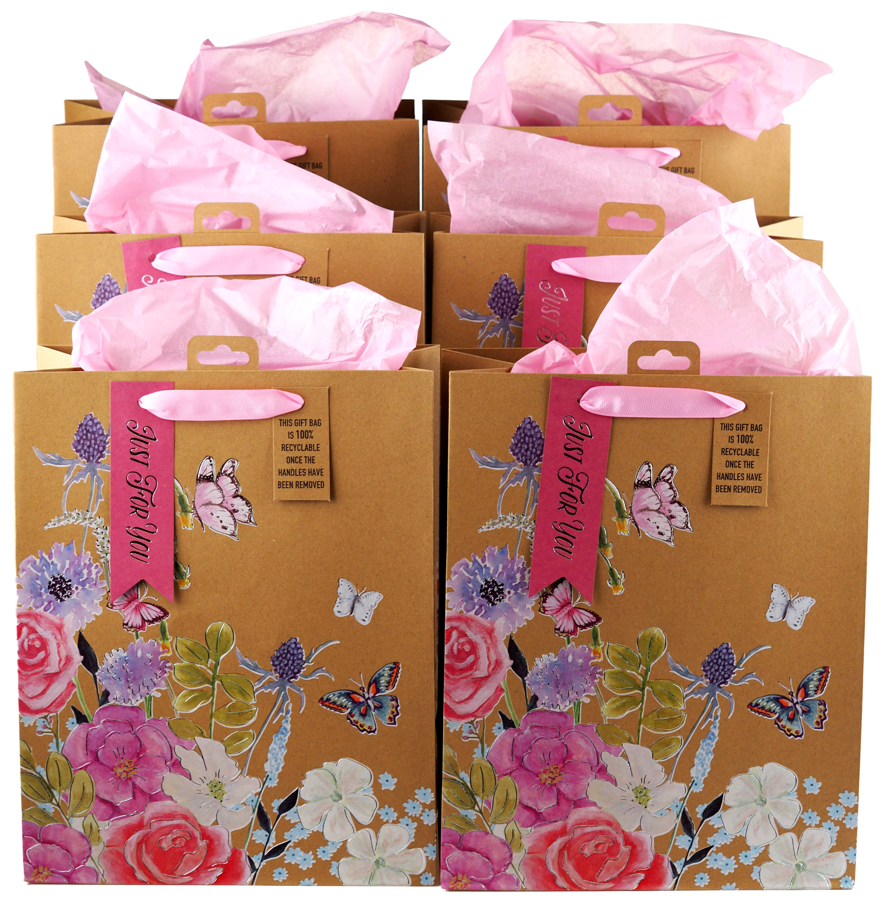 Butterfly Floral Kraft Gift Bags - Eco Friendly - Large - Set of 6