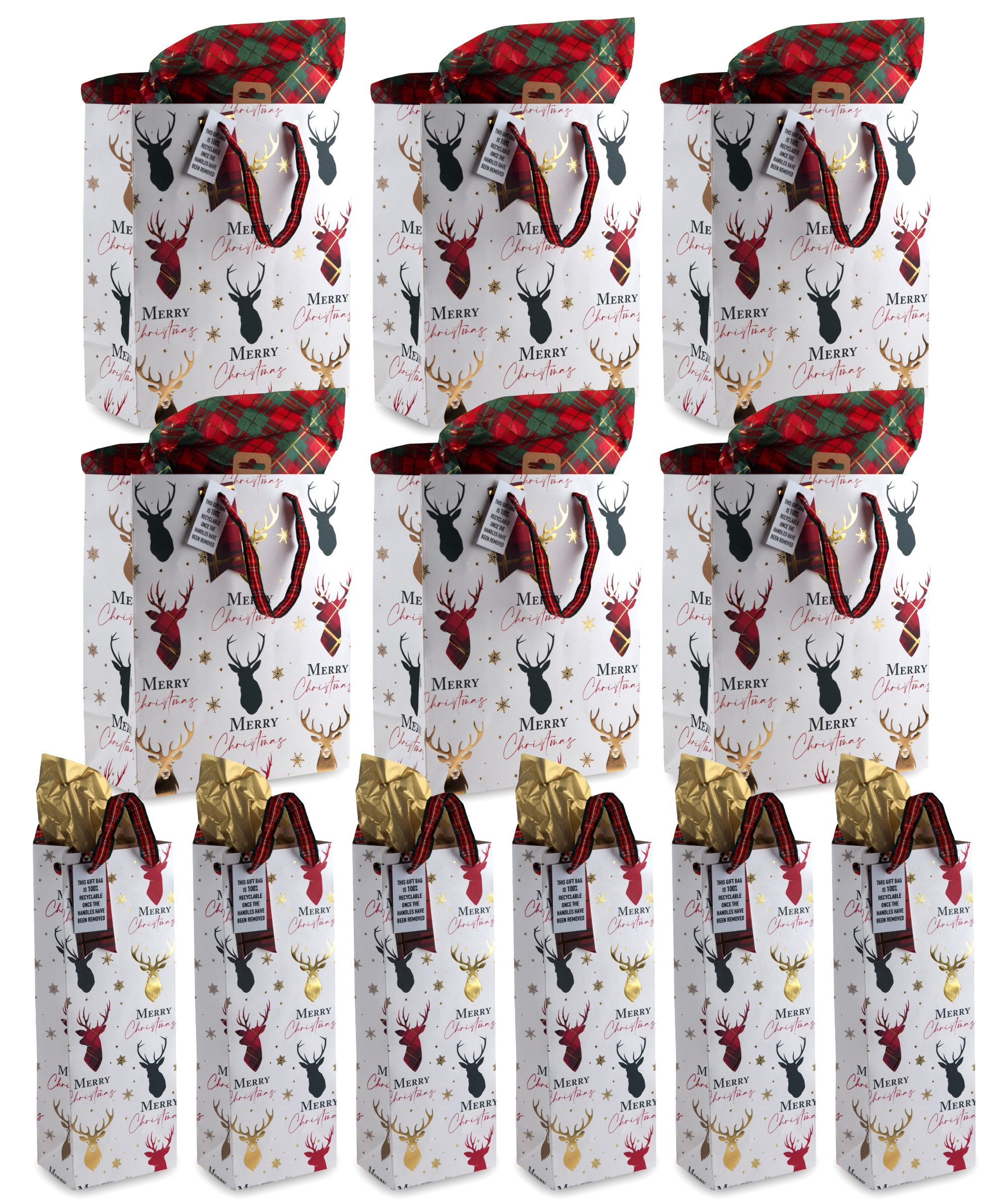 Tartan Stag Christmas Gift Bags (With Tissue Paper) Mixed Sizes - Set of 12
