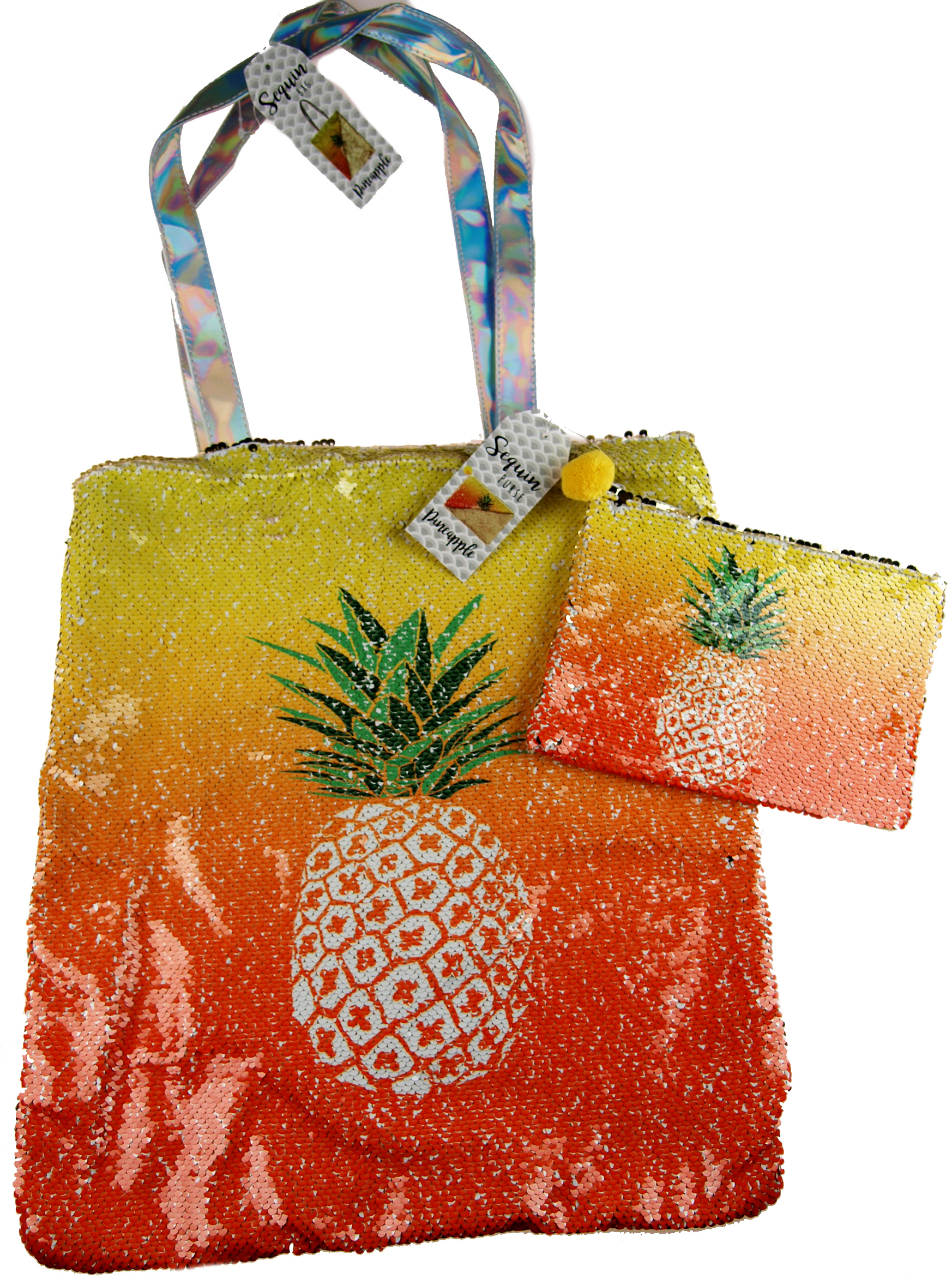 2 Piece Matching Reversible Sequin Pineapple Bag And Purse.