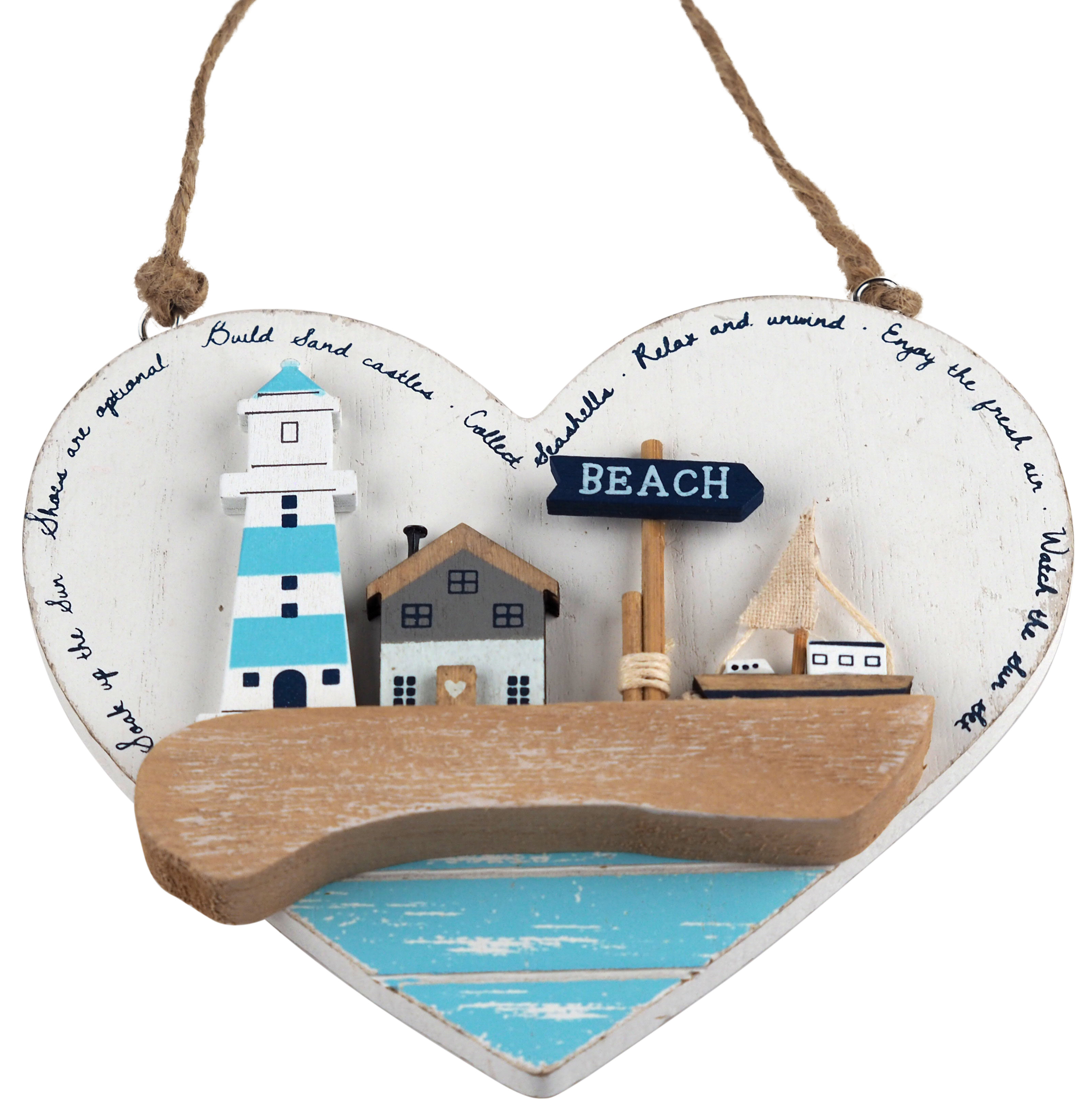 Beach Plaque - Hanging Wall Sign - Wooden Heart, Lighthouse, boat
