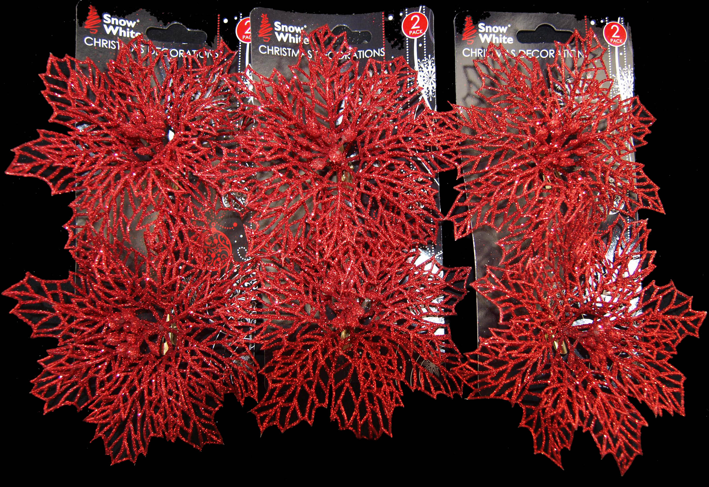 Set Of 6 Large Glitter Poinsettia Clip On Christmas Tree Decorations