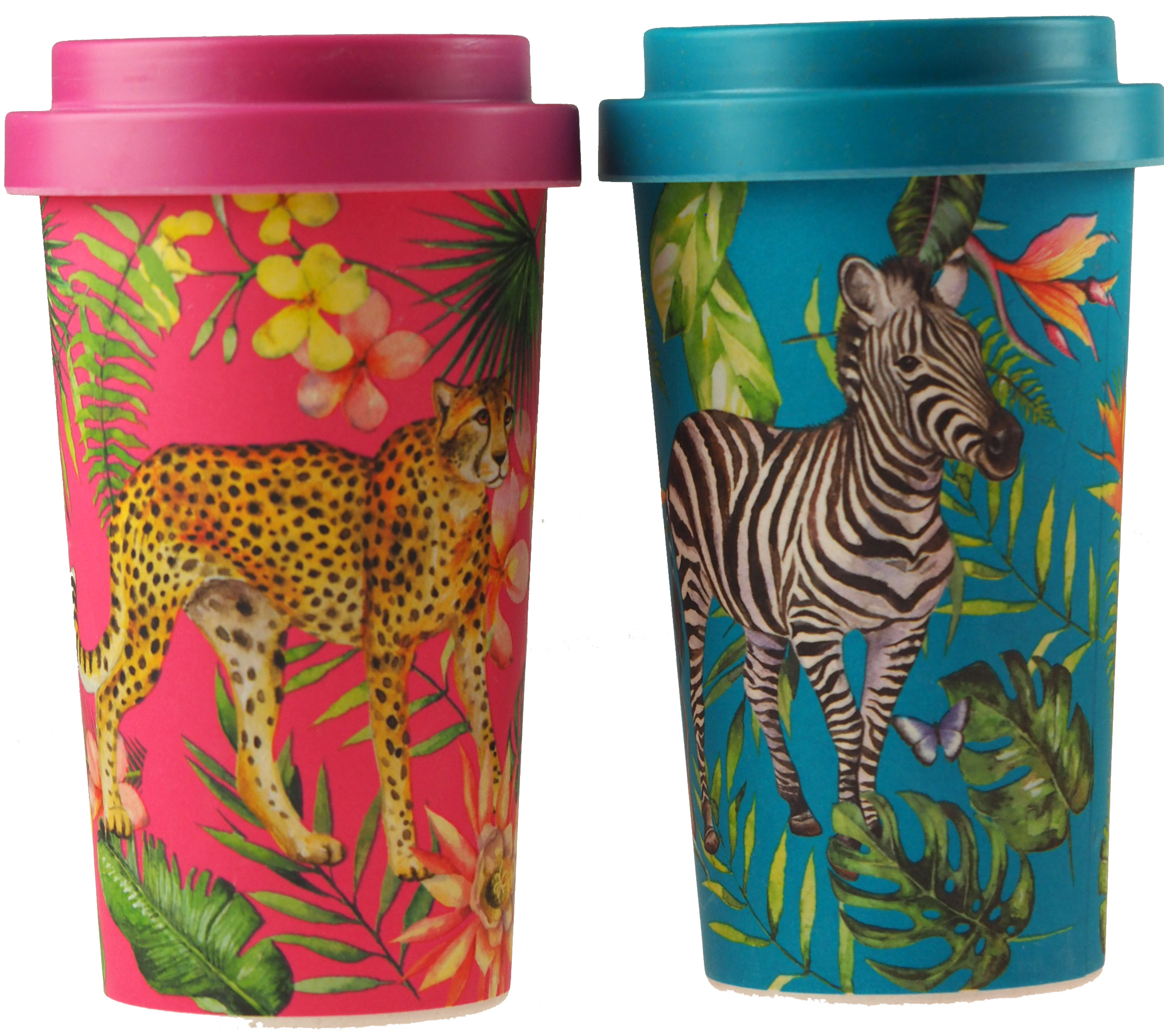 Set Of 2 Safari Animal Eco Friendly Bamboo Travel Mugs With Lids Cheetah Zebra Ebay