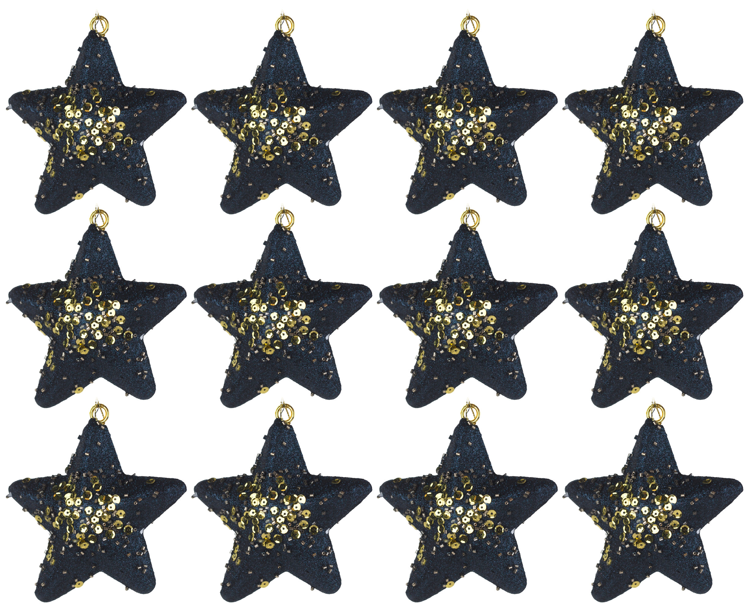 Navy Blue Gold Star Christmas Tree Baubles Decorations - Set of 12