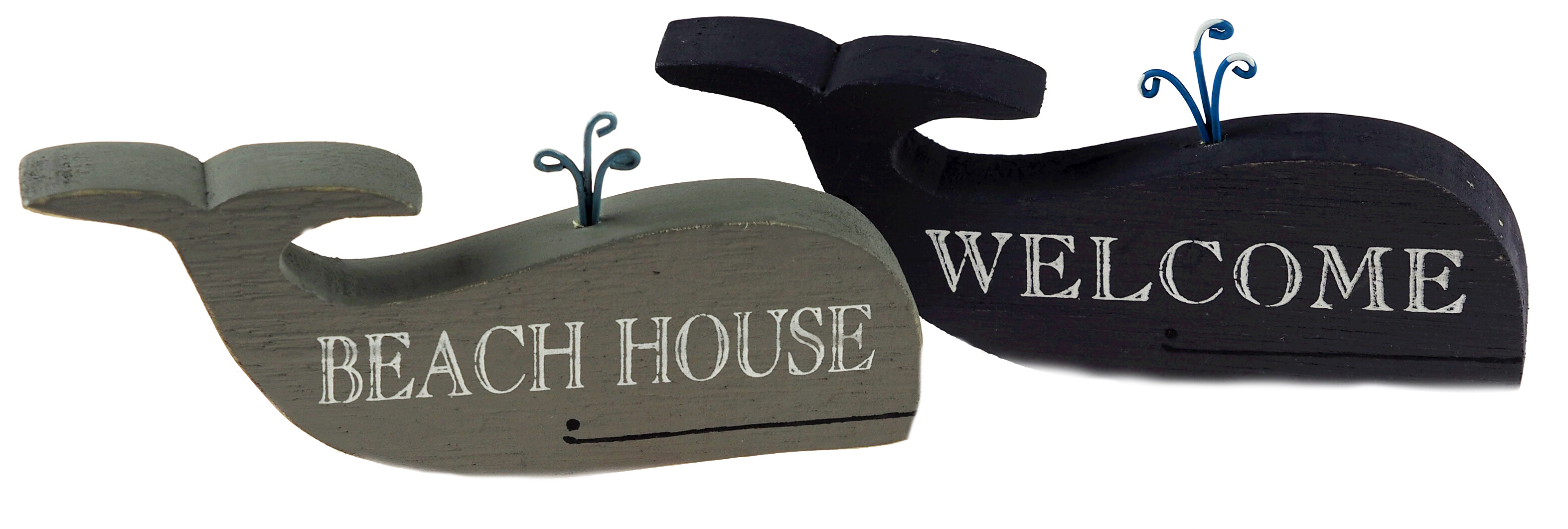 Wooden Whale Free Standing Ornaments - WELCOME / BEACH HOUSE (Set of 2)