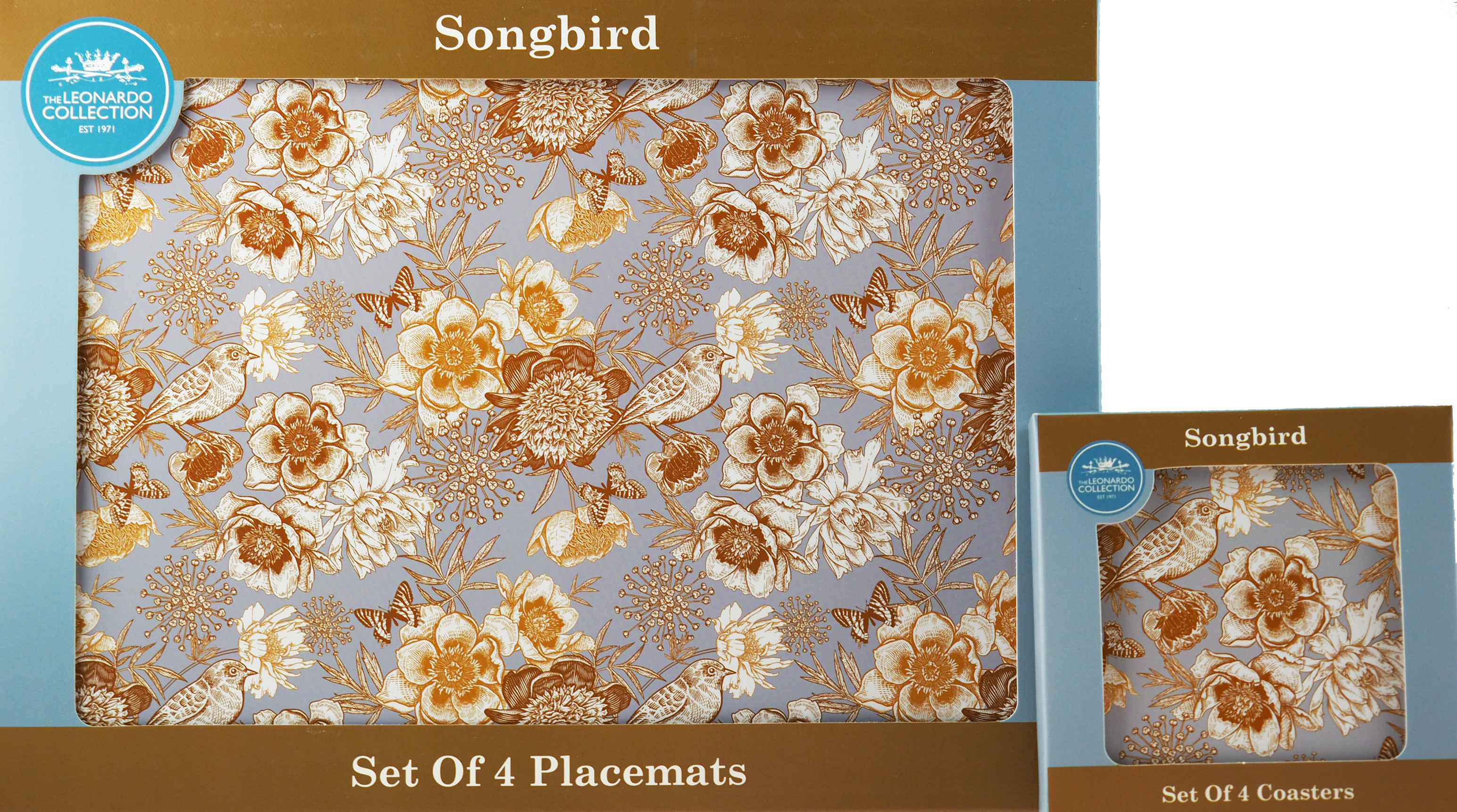 Set Of 4 Songbird Duck Egg Blue Gold Floral Dinner Place Mats And